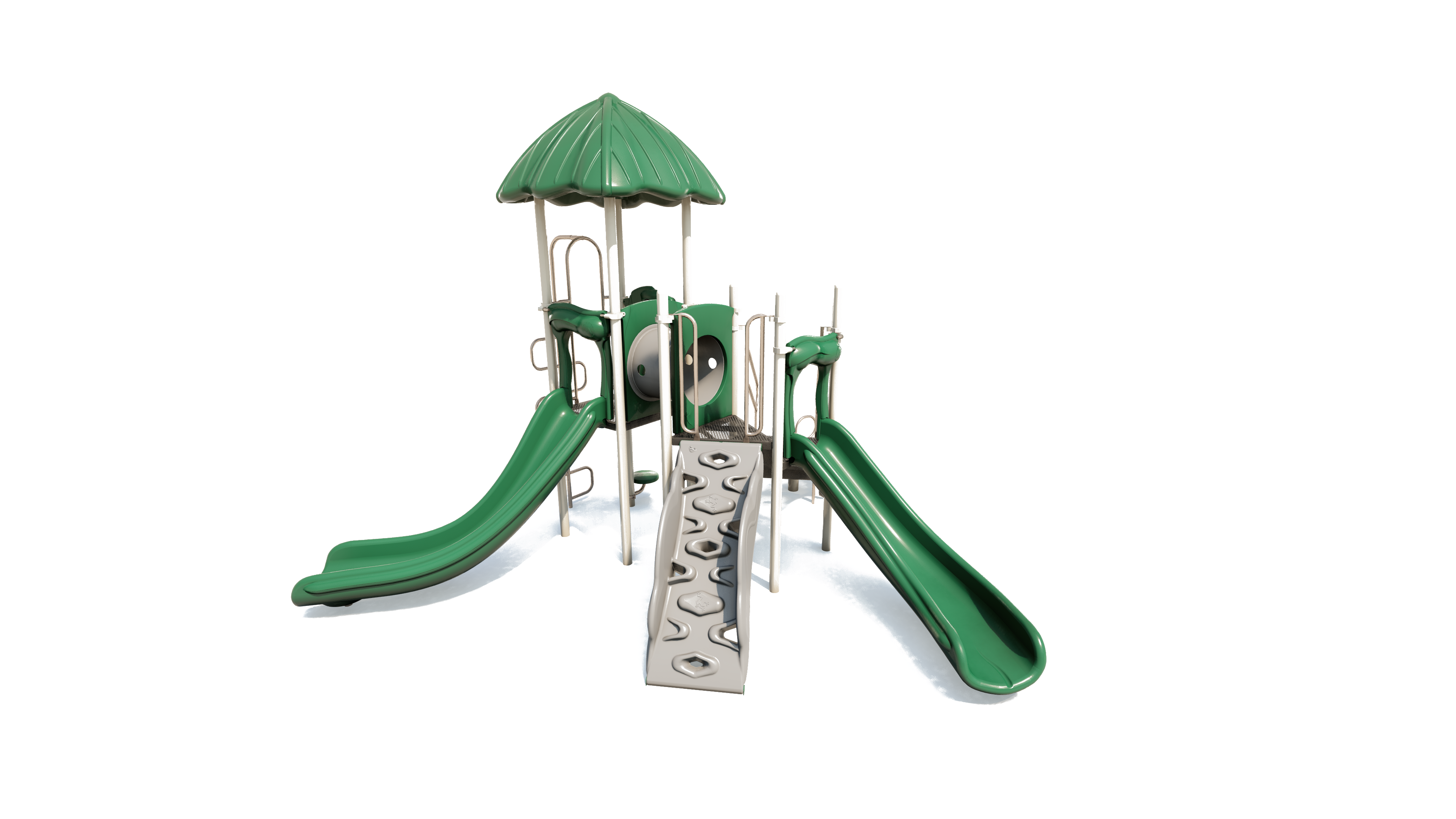 Green and gray playground structure with slides, climbing wall, crawl tunnel, and roof canopy designed for active children's play