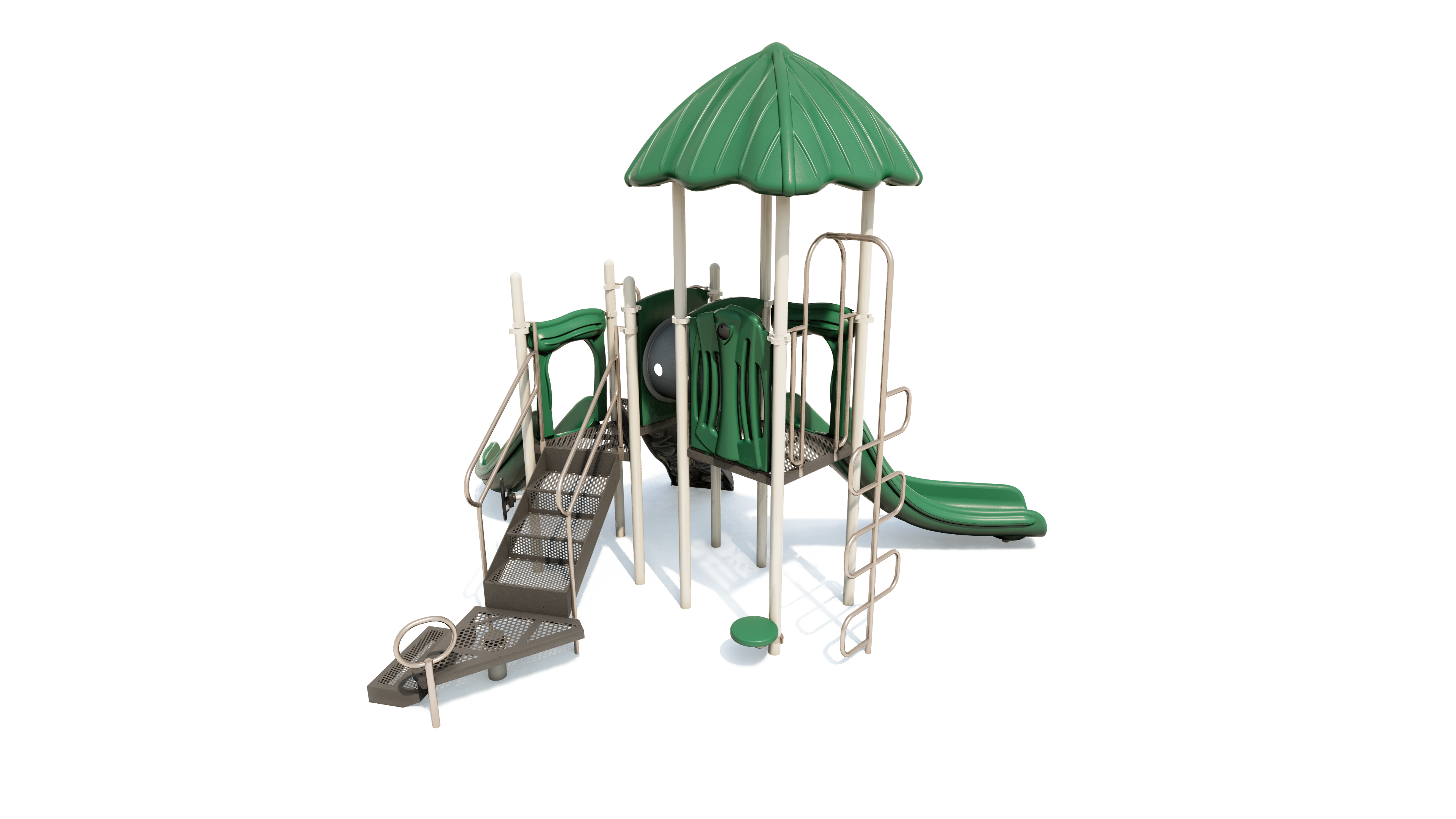 Compact playground structure with green roof, slides, climbing ladder, stairs, and sensory play panels