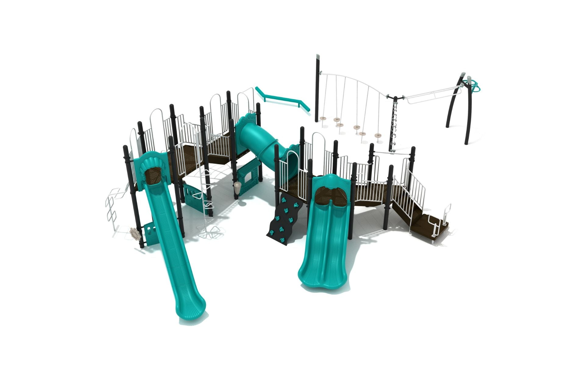 Large outdoor playground with teal slides, climbing walls, tube bridge, swinging ladders, and interactive play elements.