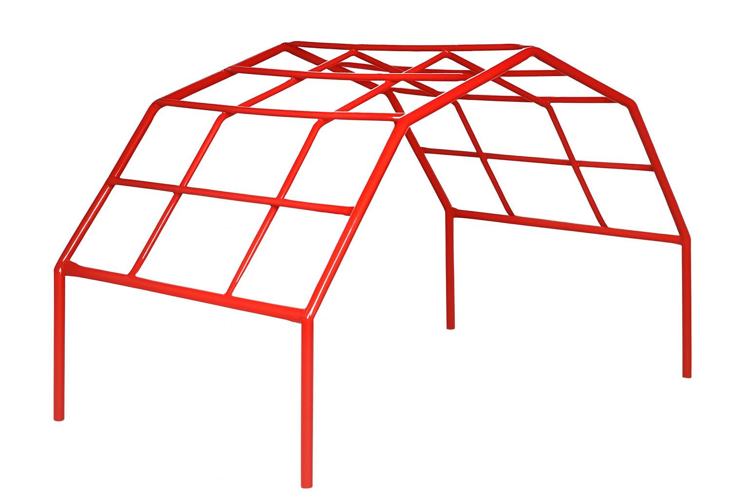 Rainbow Climber red powder-coated steel climbing frame with angled bars on grass for children's physical play and agility