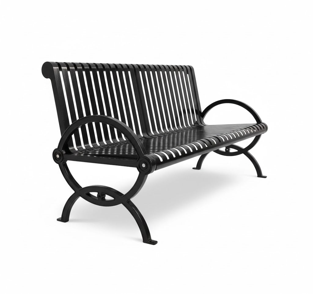 Durham Bench with Back, dark metal outdoor bench with vertical slats and curved armrests, modern park seating