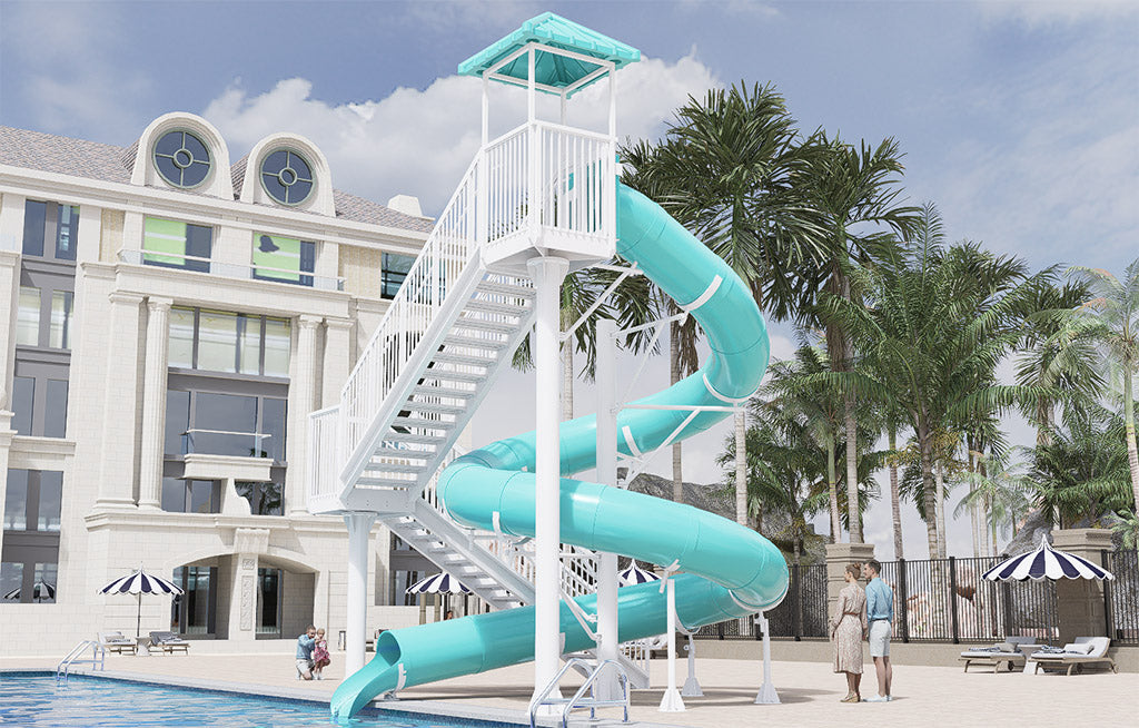 Turquoise spiral water slide with white stairs and canopy beside pool, palm trees, and resort building in sunny outdoor setting