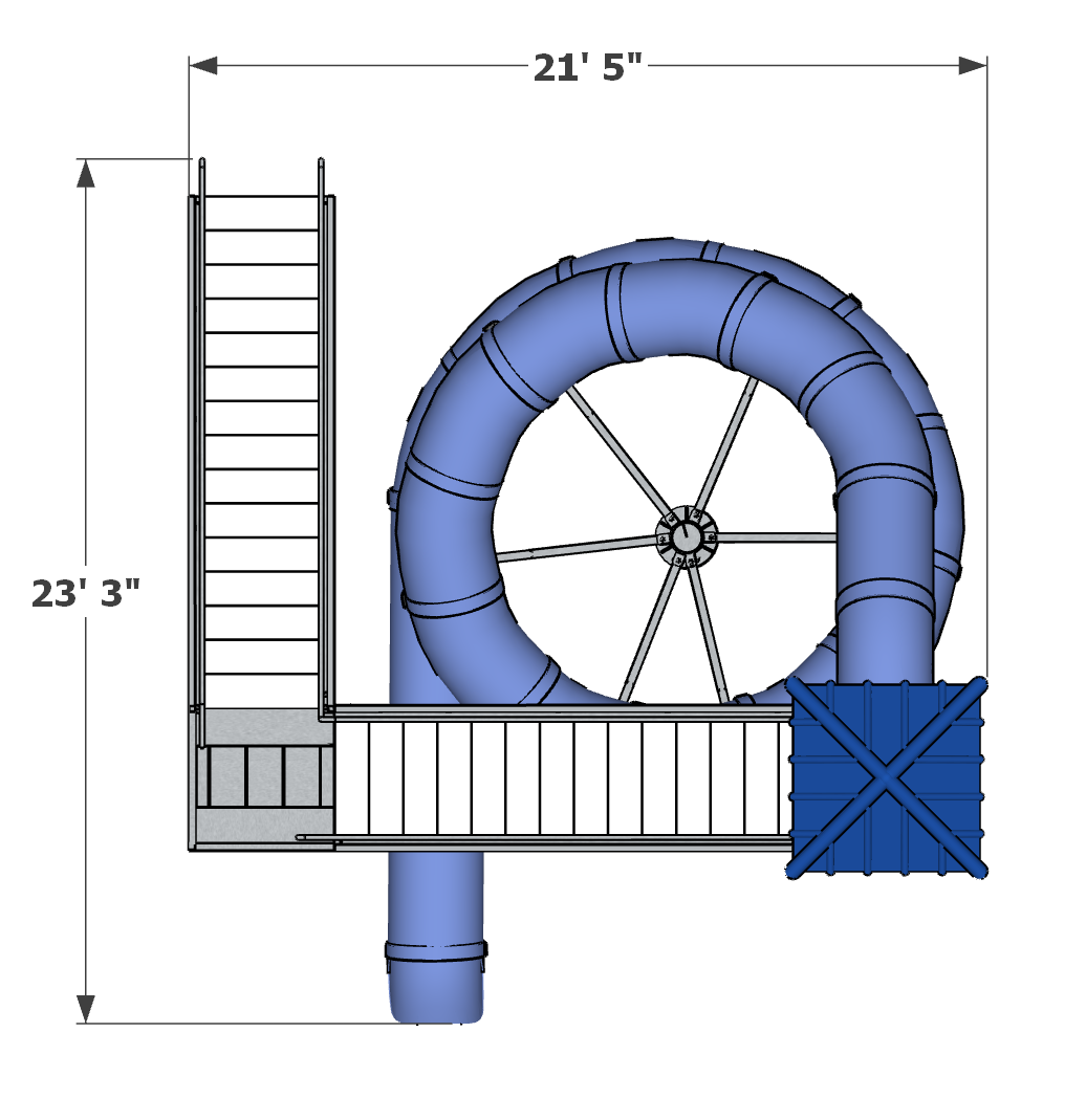 Overhead view of a blue enclosed spiral water slide with ladder and platform structure