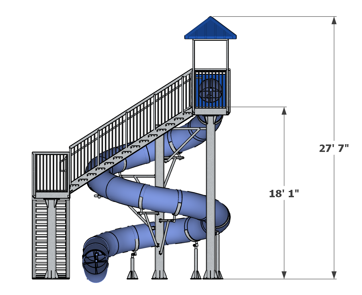 Tall blue enclosed spiral water slide with stairs, platform, and blue roof canopy designed for pool installation