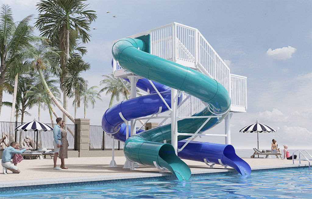 Dual twisting blue and teal water slides with open stair access, anchored structure, at a poolside setting