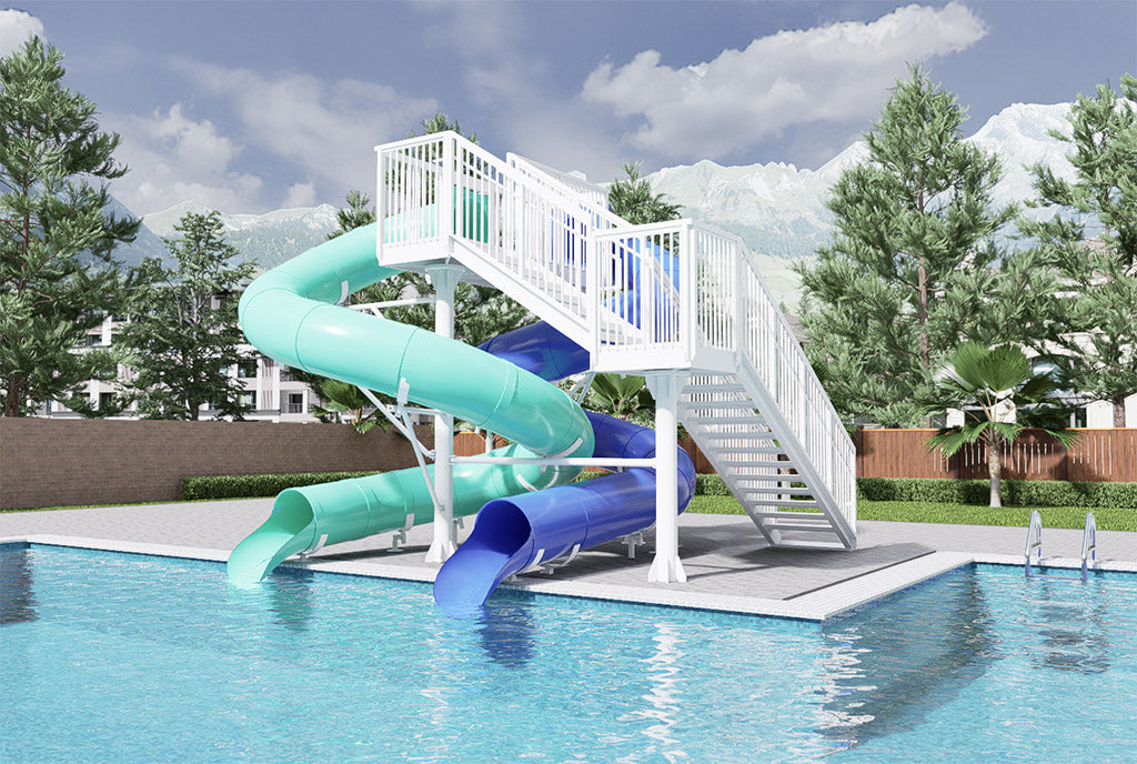 Niagara Falls Water Slide with dual twisting blue and teal flumes and white open stair design at poolside