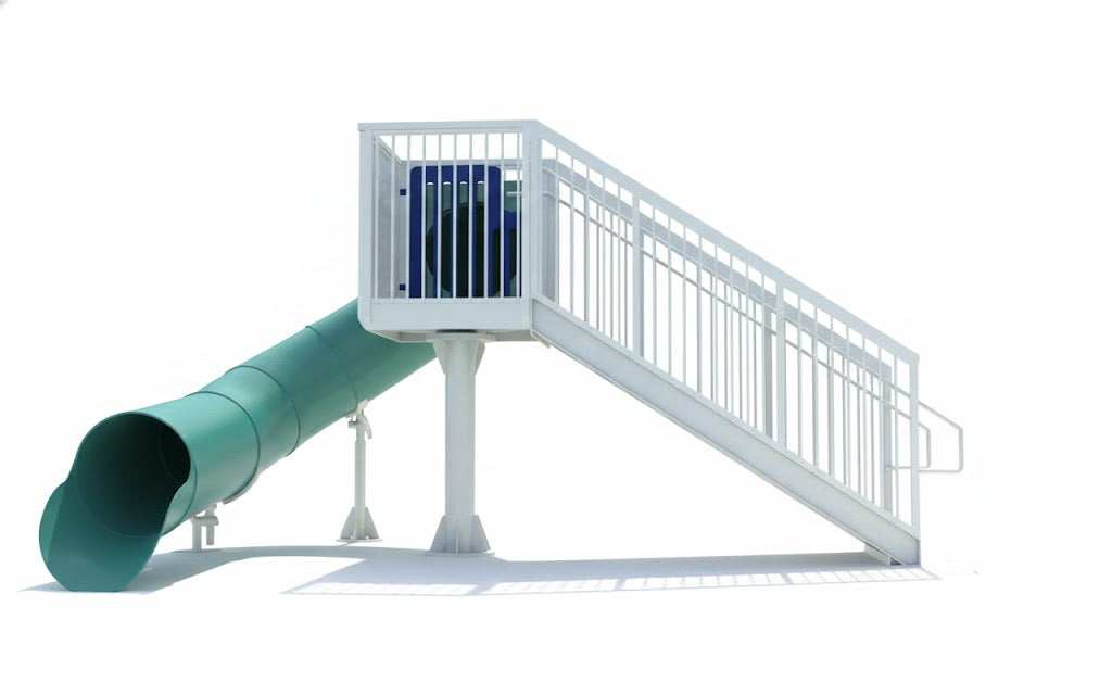 Ruby Falls Water Slide with white open stairway and green enclosed tube slide beside pool, man in red swim trunks waving