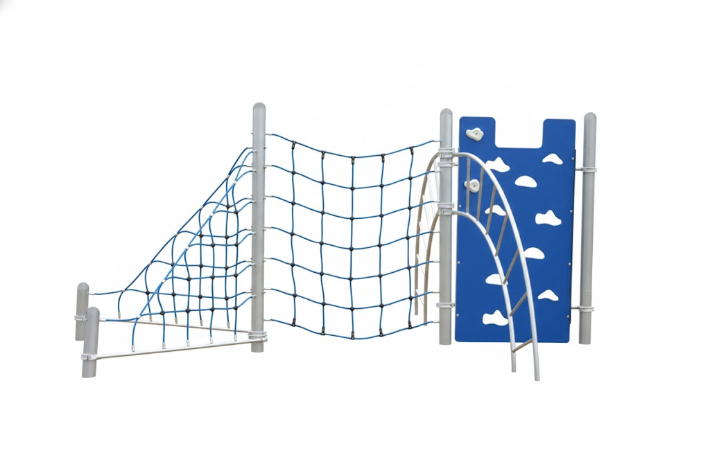 Hercules VII Climber with blue climbing wall, arch ladder, and net climber on metal frame for outdoor play on wood chip ground