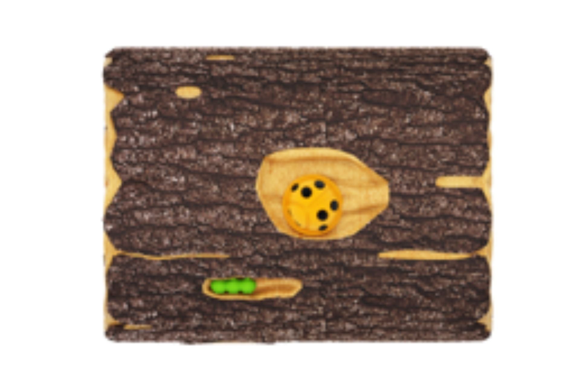 Overhead view of a GFRC timber crawl tunnel with realistic bark texture featuring yellow ladybug and green caterpillar figures