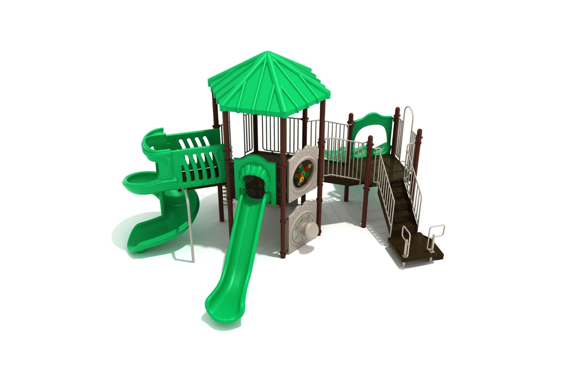 Elevated hexagonal green playground structure with double slides, spiral climber, ramps, and interactive gear and drum panels