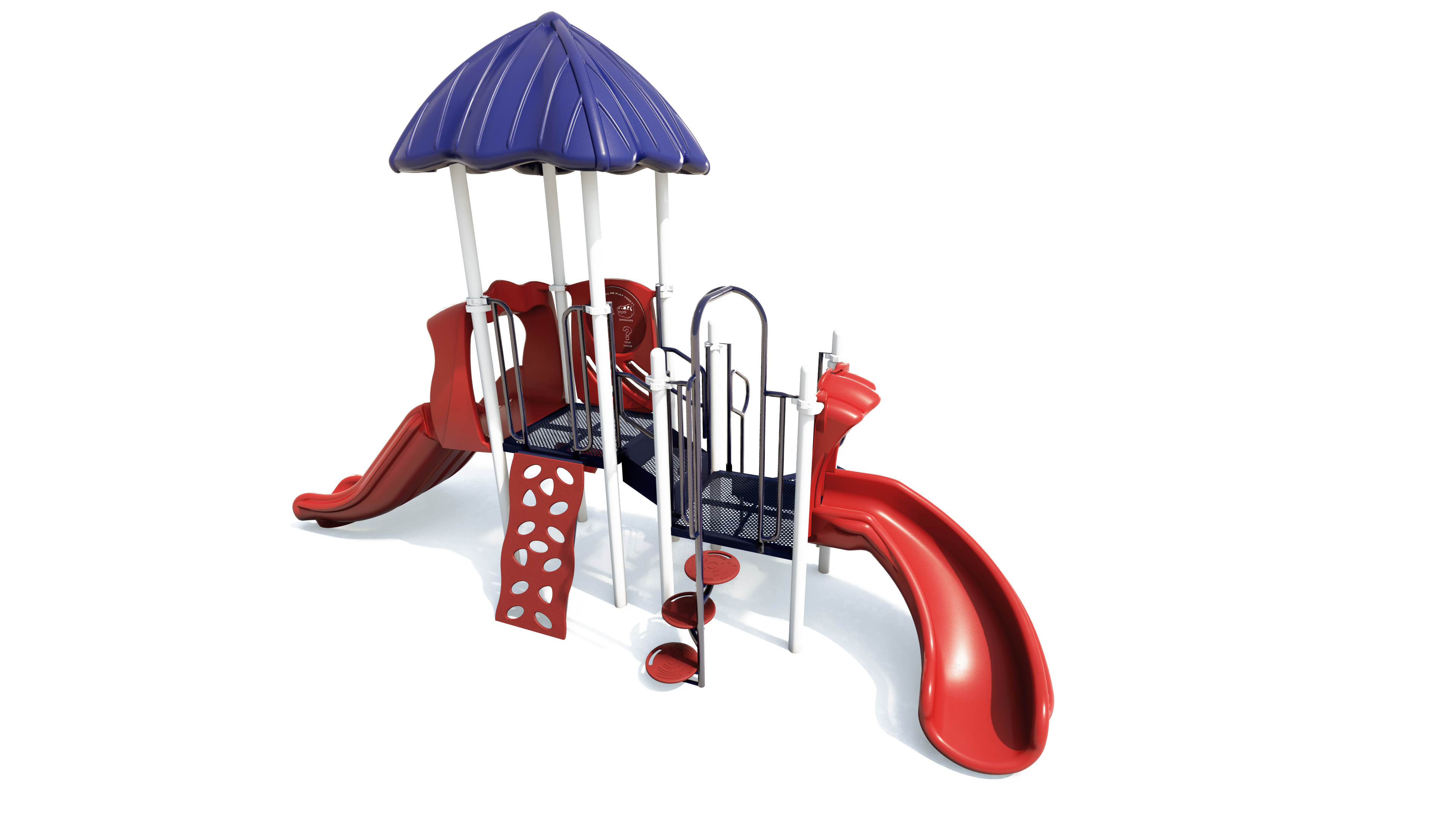 Compact playground with red slides, blue canopy, climbing wall, spiral steps, and sensory panel for active play and exploration