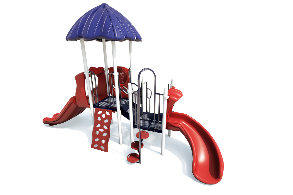 Compact playground with red slides, blue canopy, climbing wall, spiral steps, and sensory panel for active play and exploration