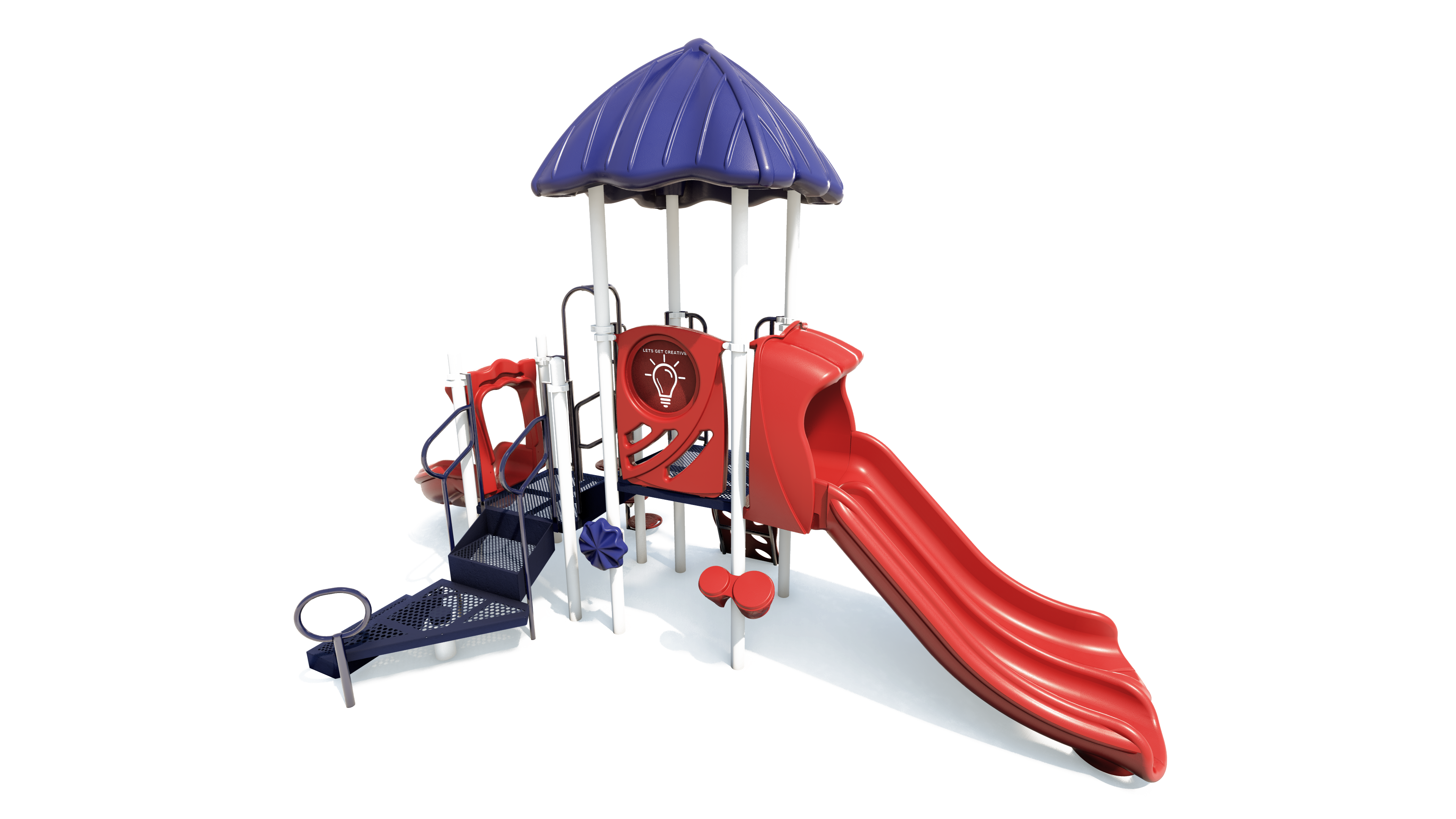 Compact playground with red dual slides, blue spiral steps, sensory panels, bongos, and a purple roof.