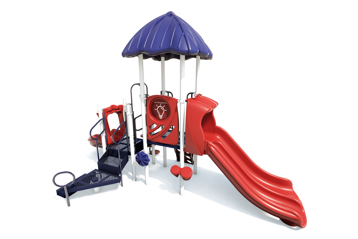 Compact playground with red dual slides, blue spiral steps, sensory panels, bongos, and a purple roof.