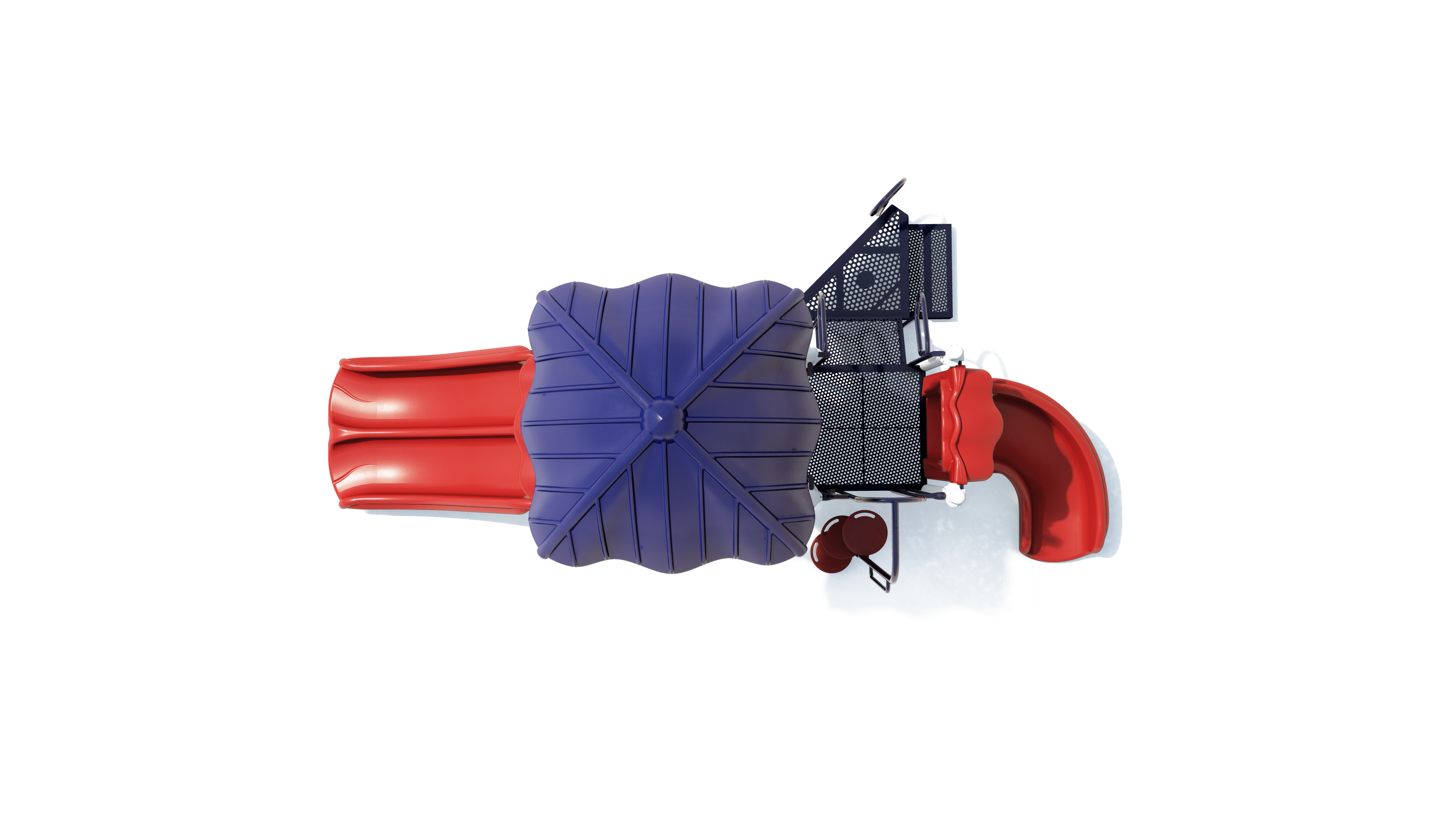 Overhead view of compact playground with two red slides, blue canopy, black climbing panels, sensory play elements, and colorful features