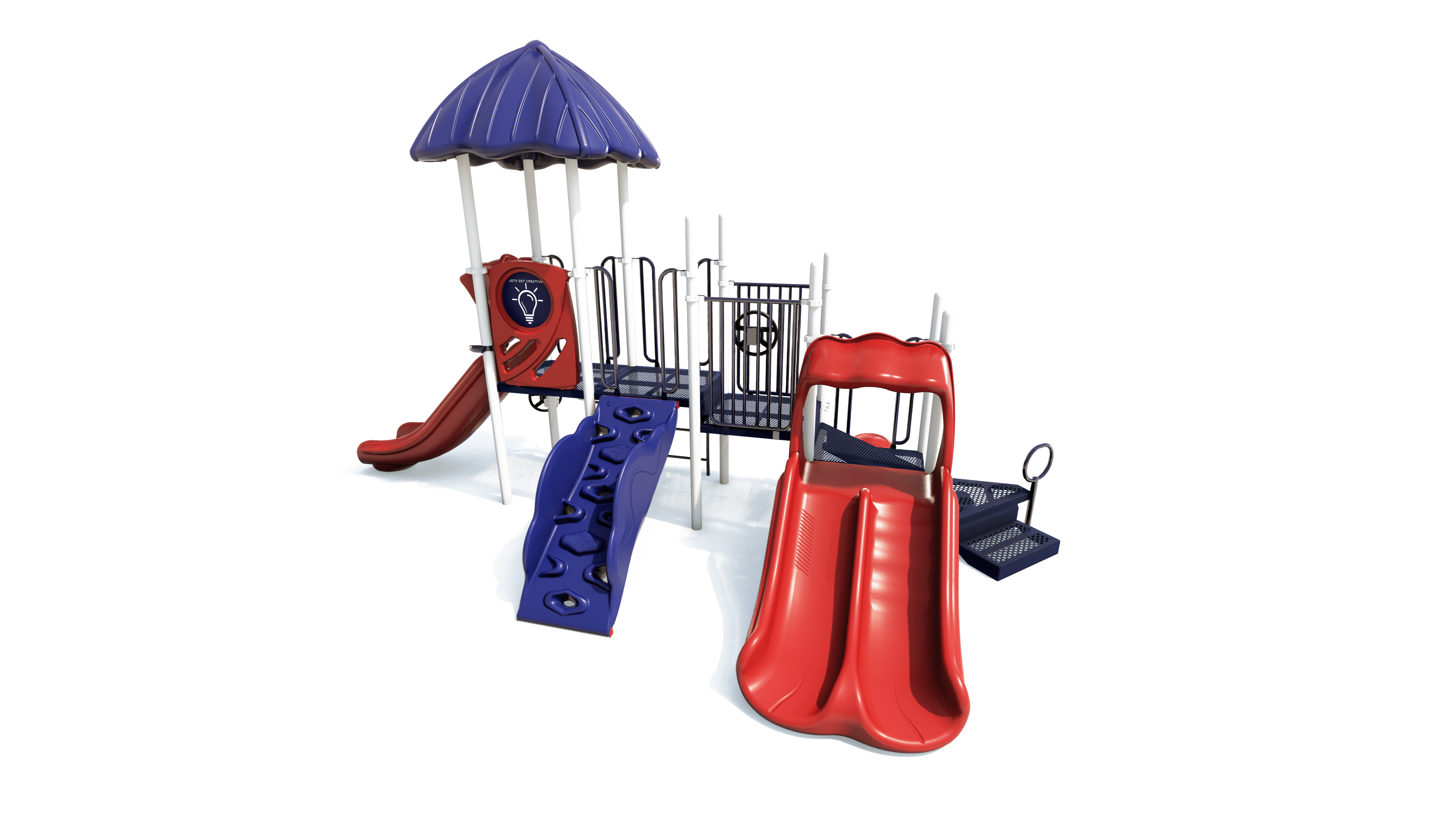 Colorful playground with red double slides, blue climbing wall, purple canopy, and various climbing and sensory play features
