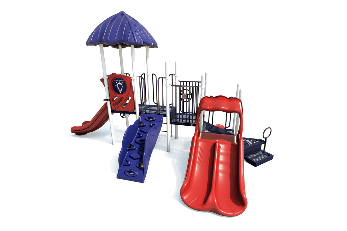 Colorful playground with red double slides, blue climbing wall, purple canopy, and various climbing and sensory play features