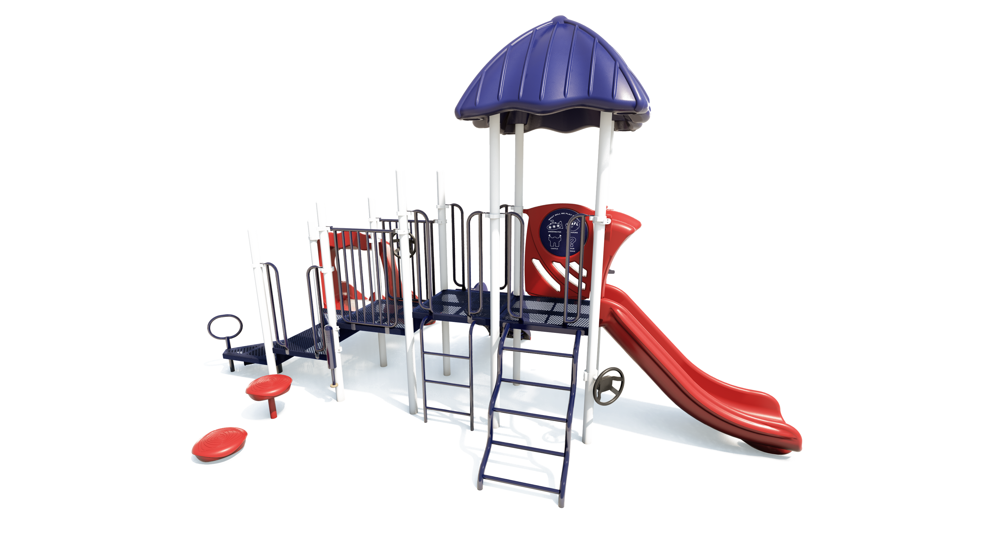 Outdoor playground with blue roof, red slide, climbing ladders, and interactive play panels on a sturdy steel structure