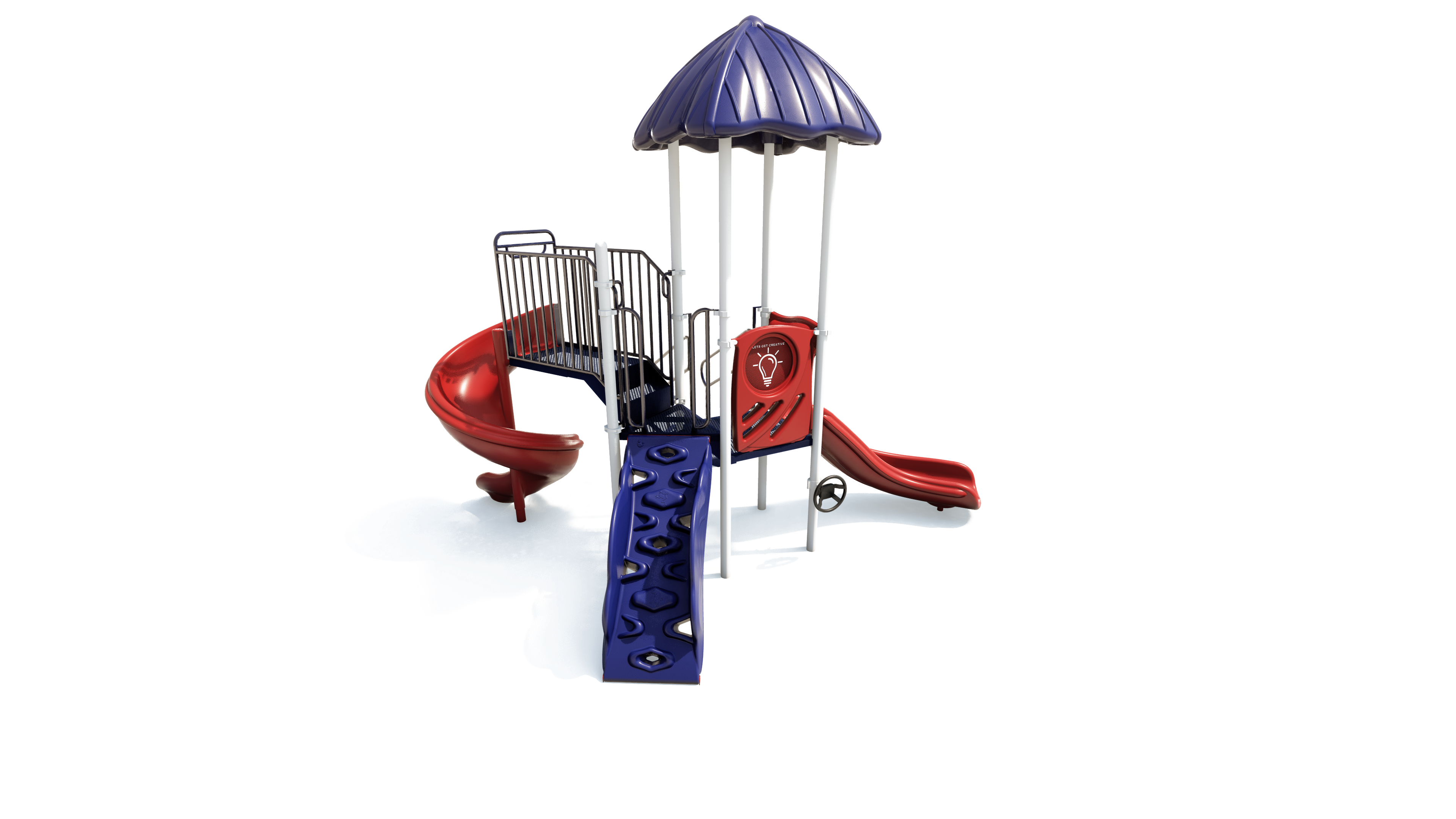 Playground structure with blue climbing wall, red slides, and blue roof supported by white posts, designed for active children's play.