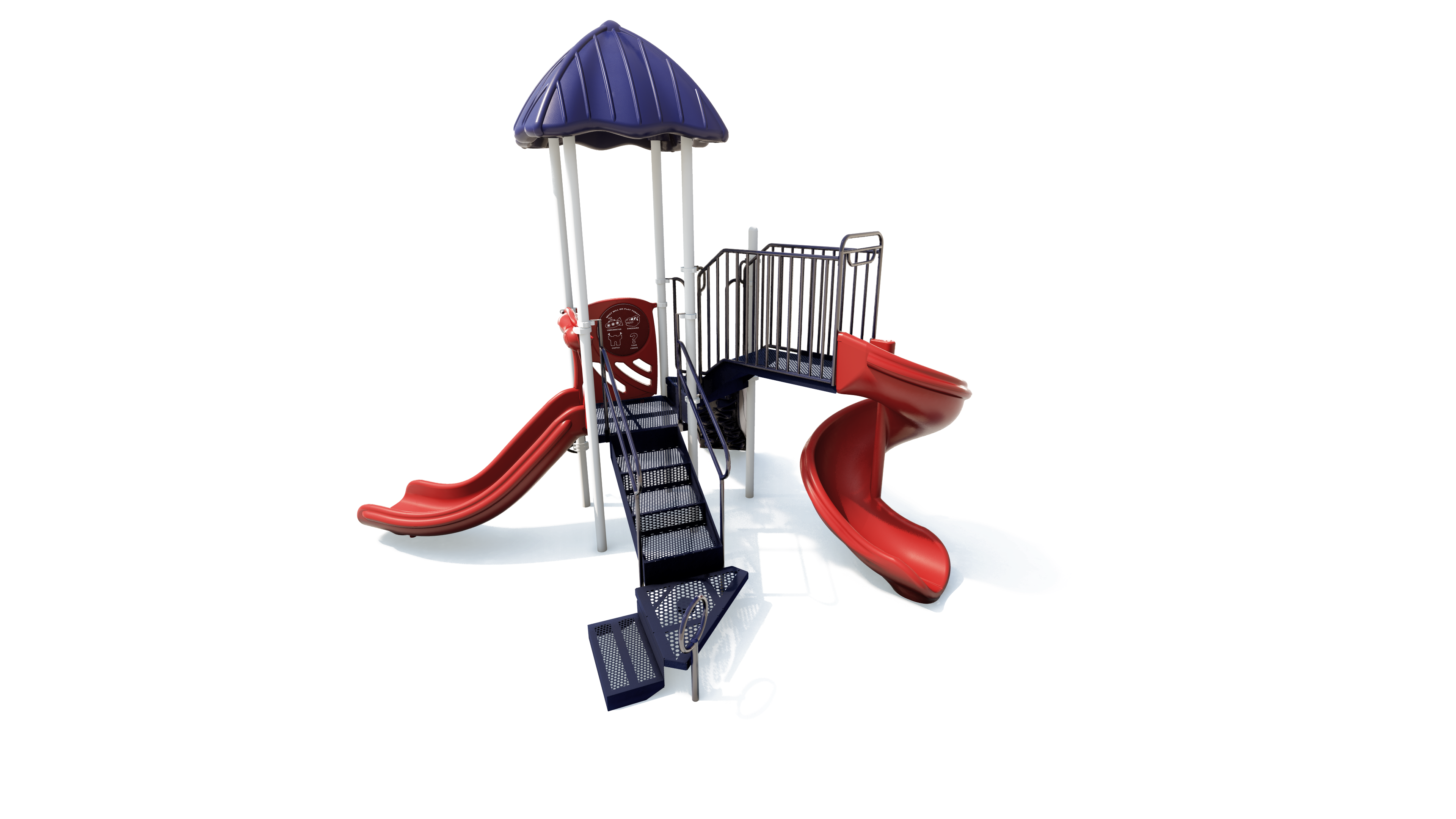 Outdoor playground structure with red slides, navy blue stairs and platform, and blue roof canopy for children’s play.