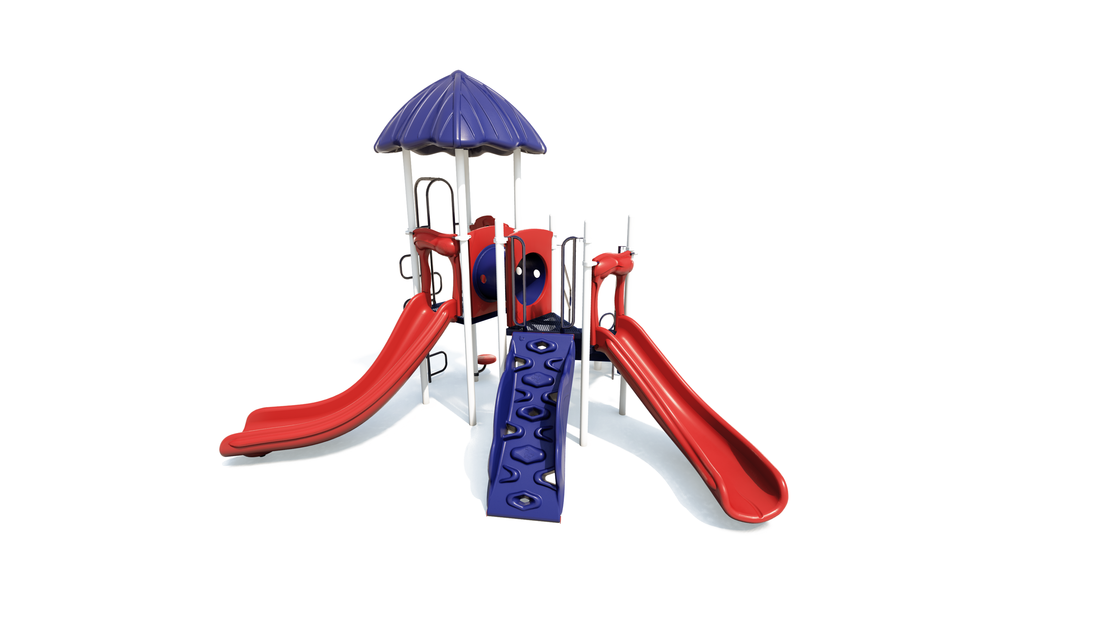 Compact playground structure with two red slides, blue climbing wall, tunnel, and blue roof canopy