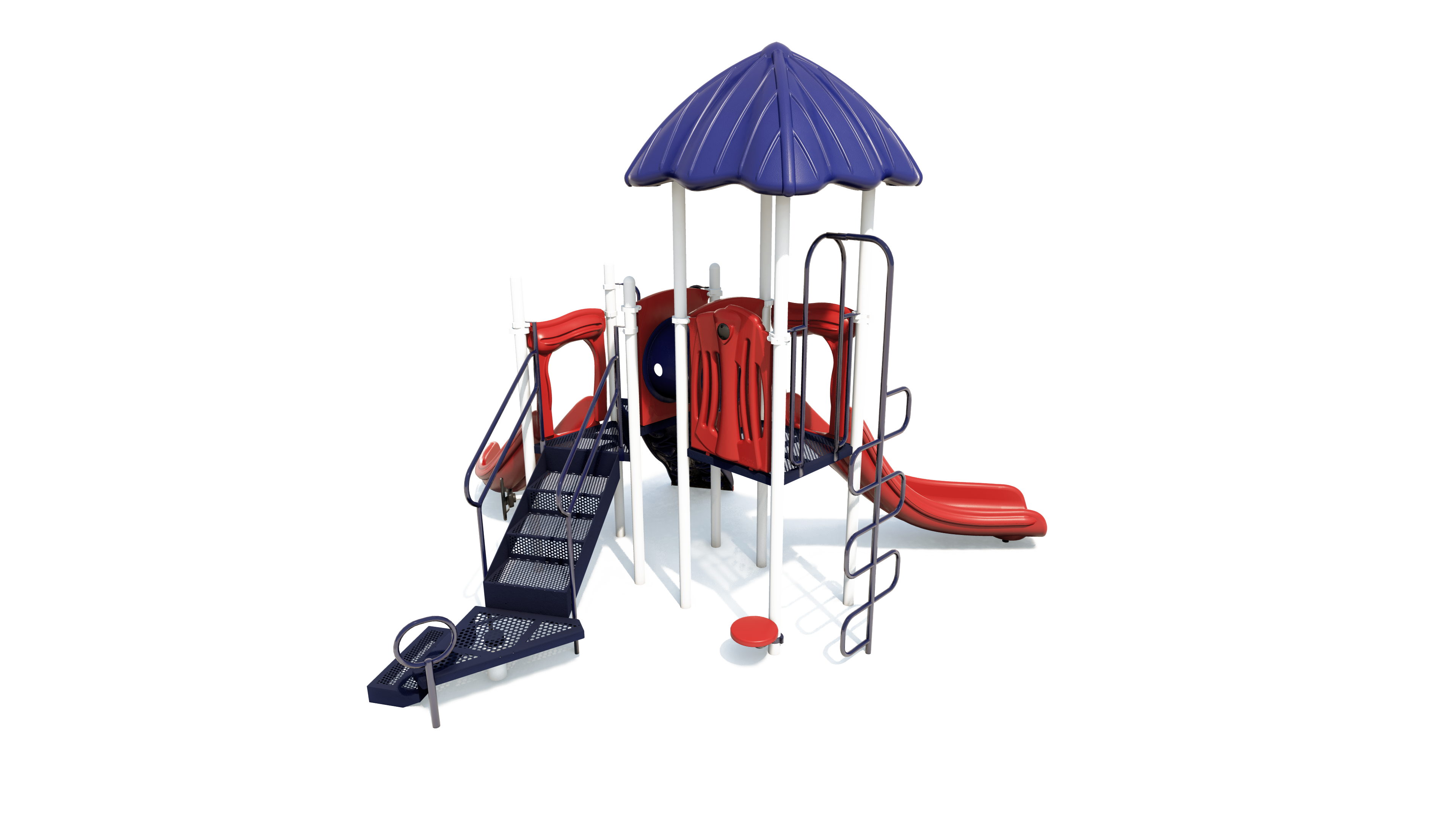Compact playground structure with blue roof, red slides, climbing ladder, ramp, and sensory play panels