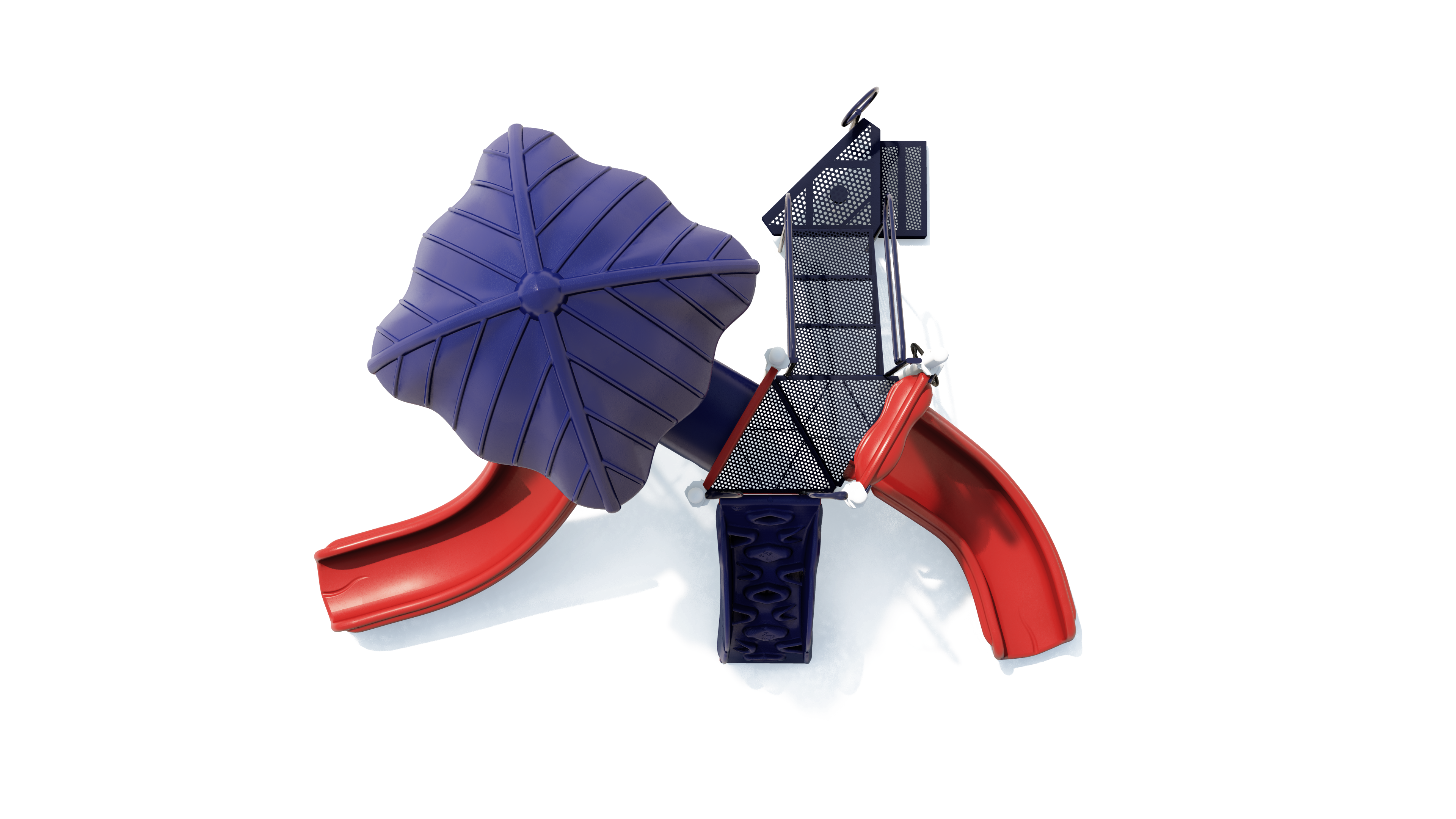 Overhead view of playground with large purple leaf-shaped roof, two red slides, climbing elements, and play panels