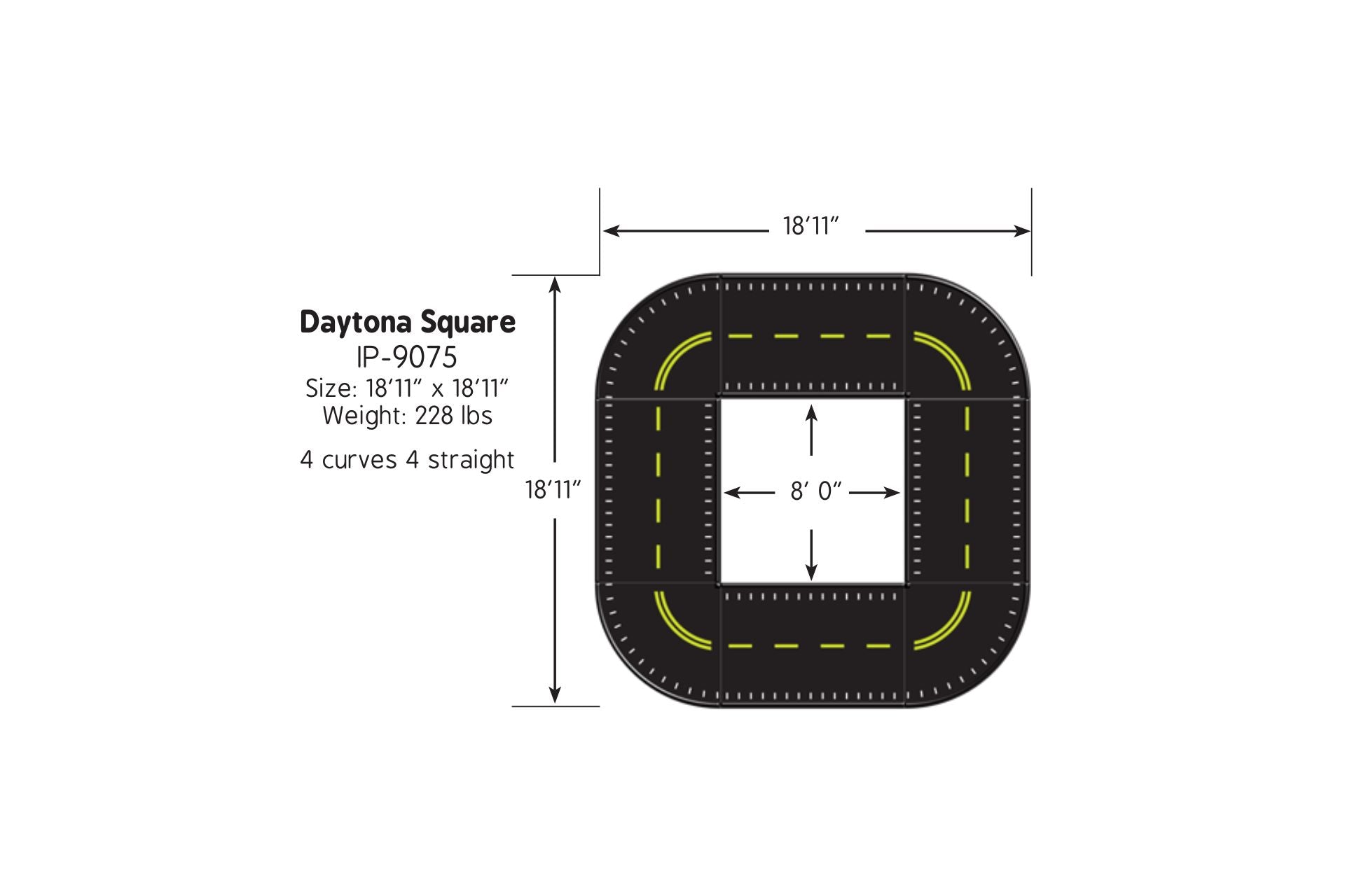 Square-shaped black trike path with yellow dashed lines and curves forming a closed loop for active outdoor play