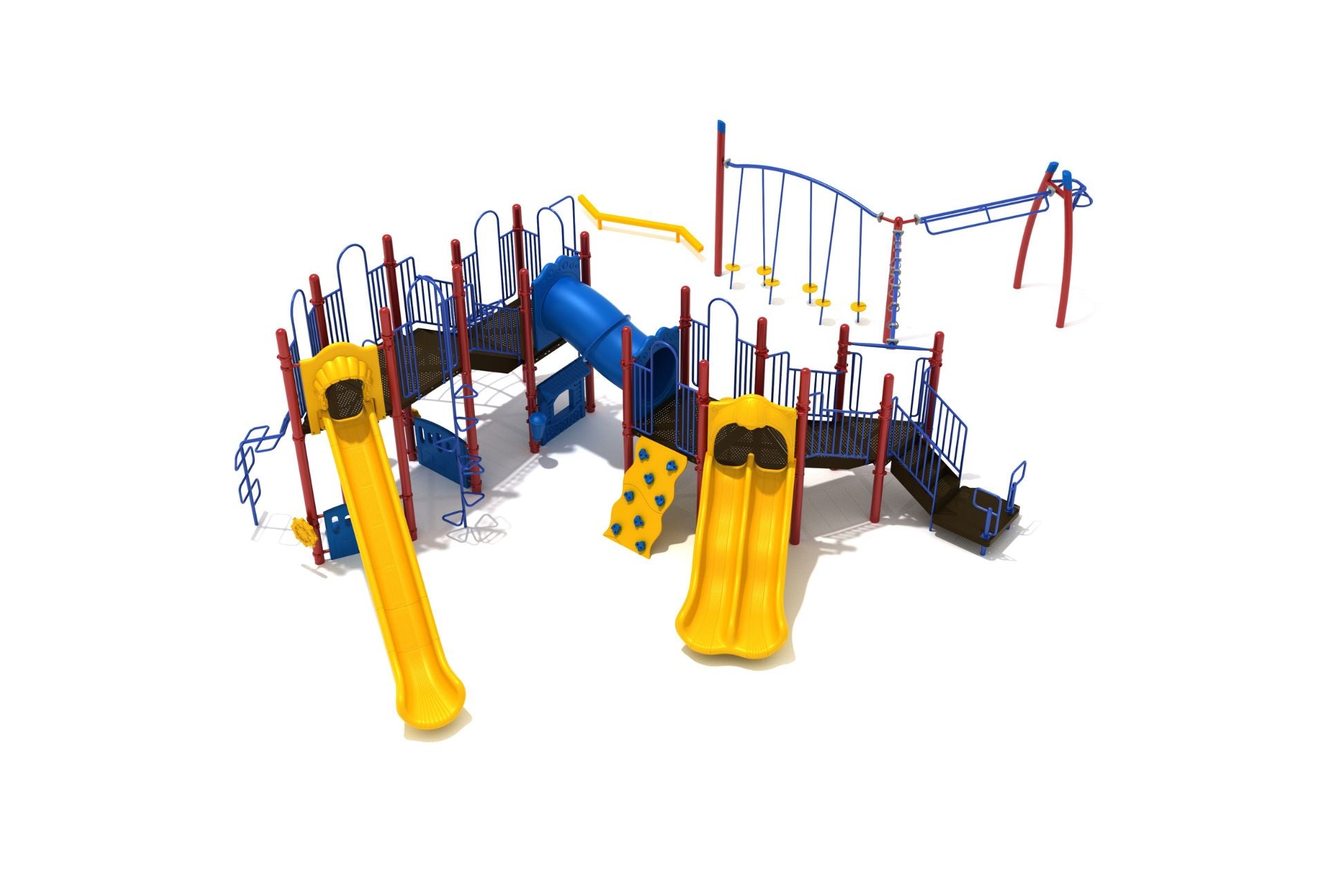 Colorful playground structure with yellow slides, blue climbing walls, tube bridge, and red and blue metal framework