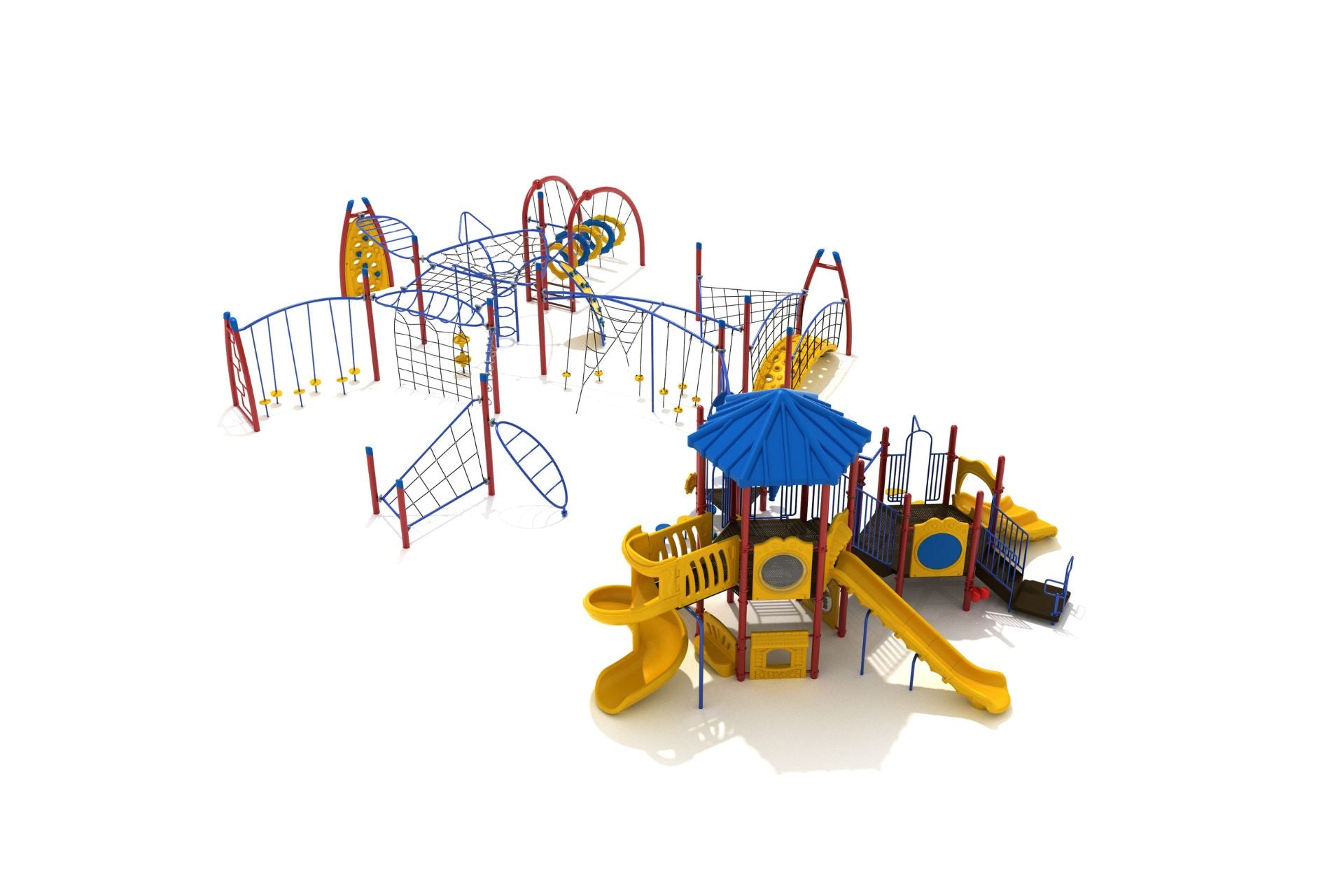 Colorful playground with climbing nets, overhead bars, activity panels, and slides in blue, yellow, and red.
