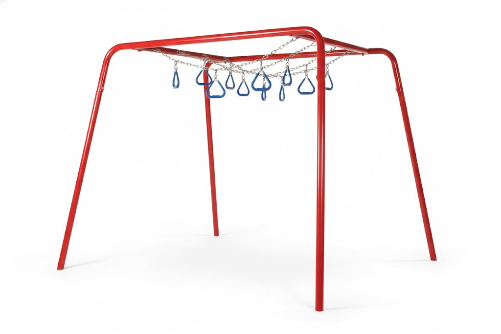 Chain Ring Challenge Ladder with red frame and blue hanging rings for outdoor climbing fitness course, person using climbing equipment