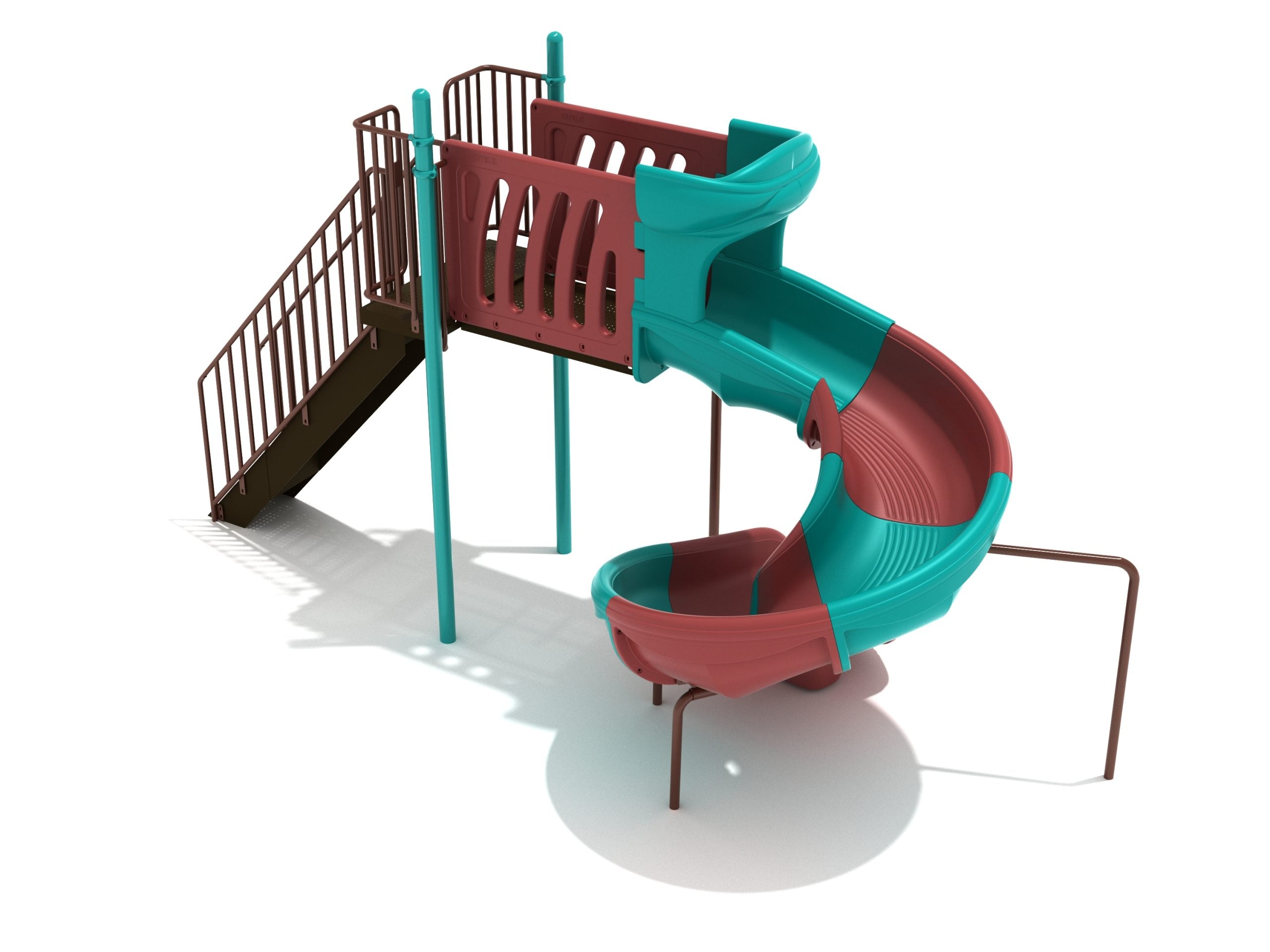 6 Foot Freestanding Sectional Spiral Slide with teal and maroon spiral chute, wide stairs, guardrails, and support posts