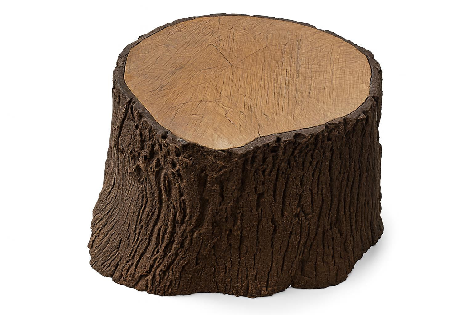 Bear Stump Wood Seat with textured bark and cracked top, natural tree stump design for outdoor play seating on grass