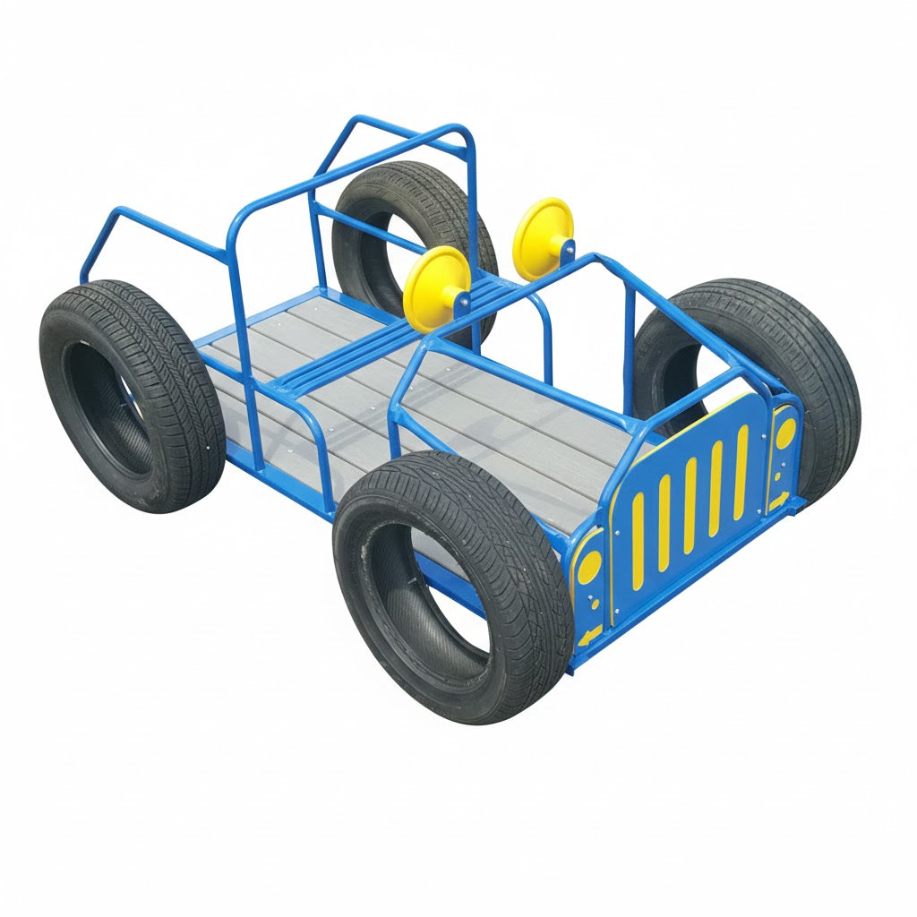 Jeep Spring Rider with blue frame, yellow headlights, black tire wheels, working steering wheel, and bounce spring mechanism on green grass