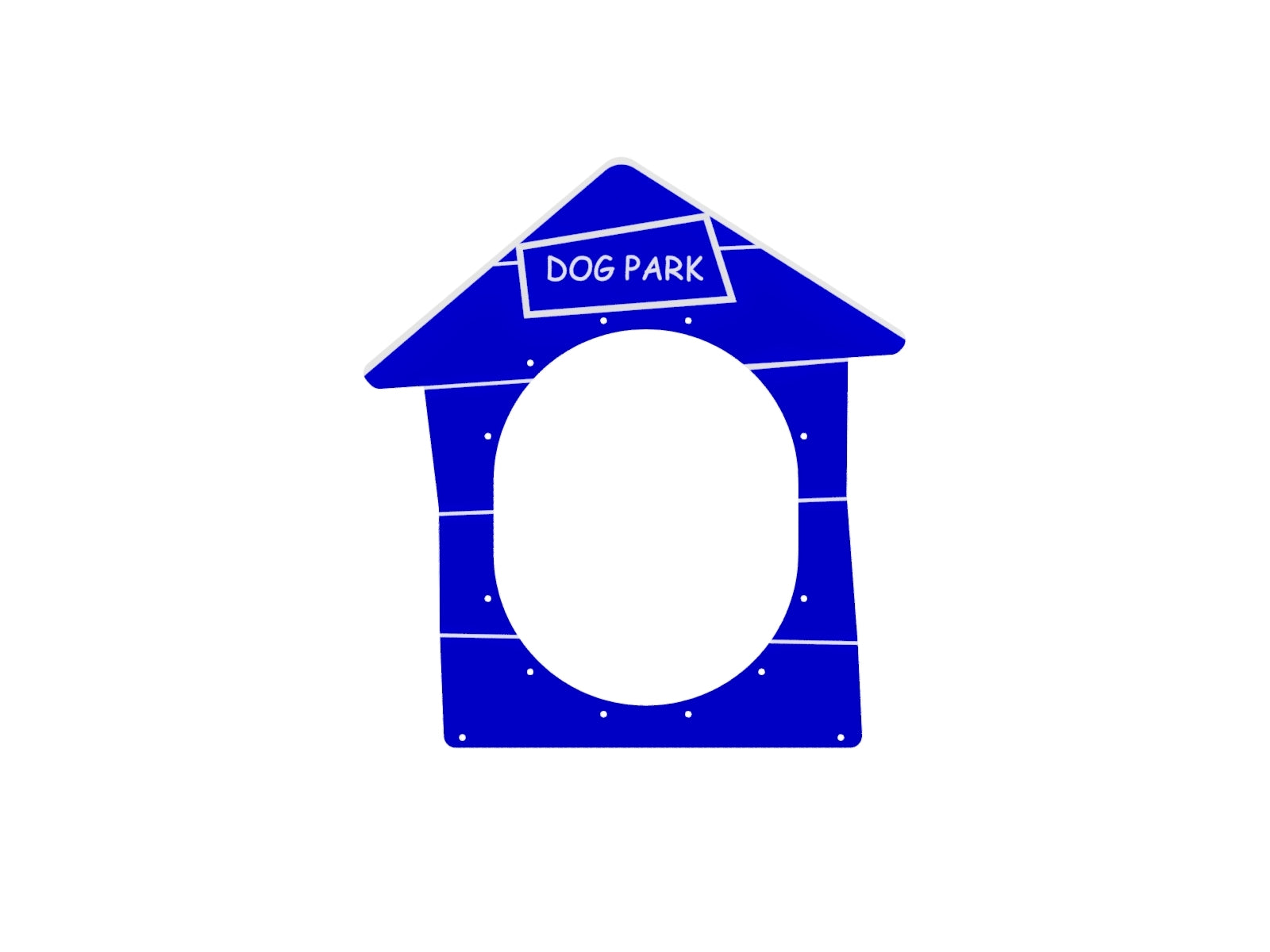 Blue doghouse-shaped crawl tube with large circular opening and "Dog Park" sign on top, designed for children's play and supervision.