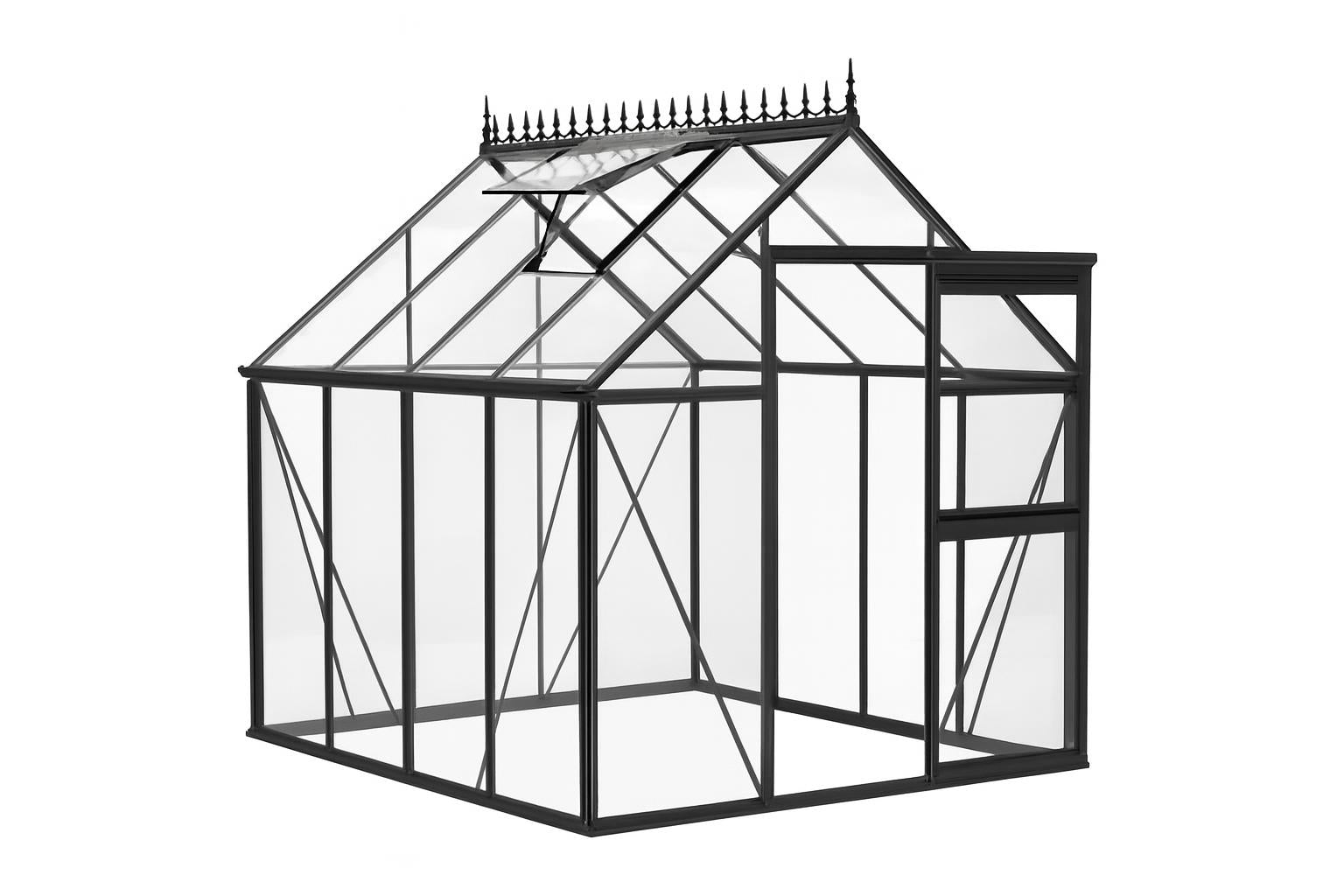 Junior Victorian Accessory Kit with black metal frame, glass panels, open door, white shade curtain, and seed-tray shelf inside greenhouse surrounded by greenery