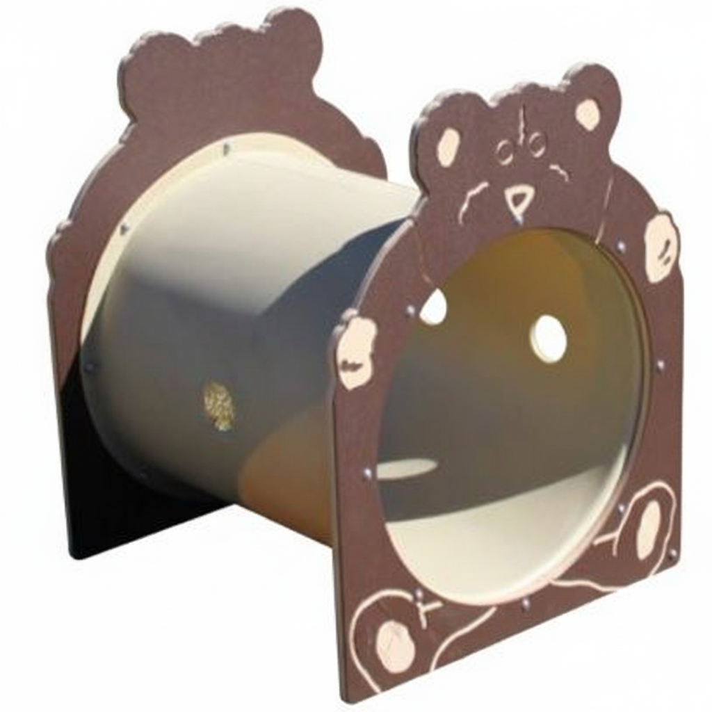 Buttons the Bear playground tunnel with friendly bear face and sturdy beige cylindrical crawl-through design on grass