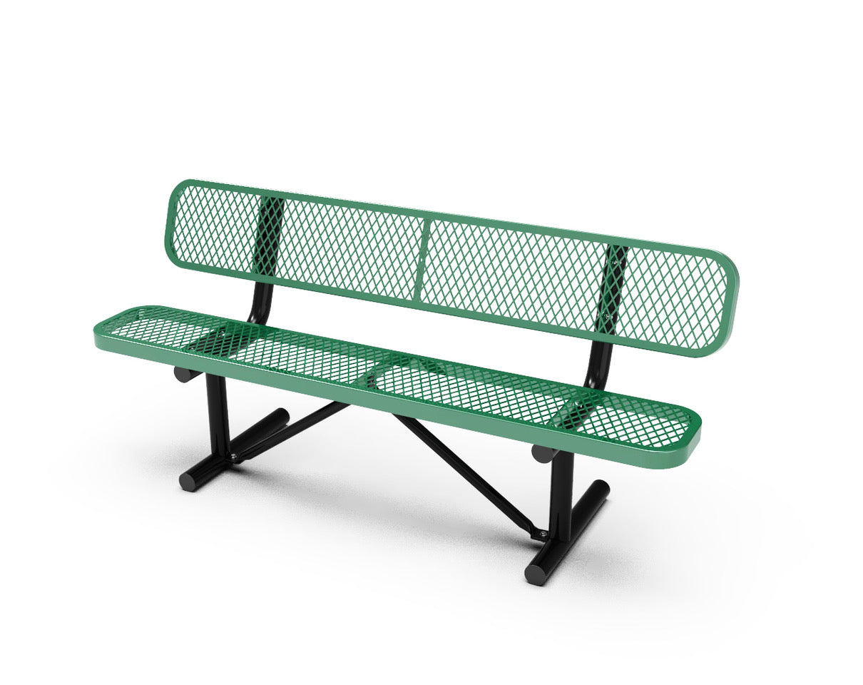 Green outdoor commercial bench with diamond-mesh seat and backrest, supported by black steel frame