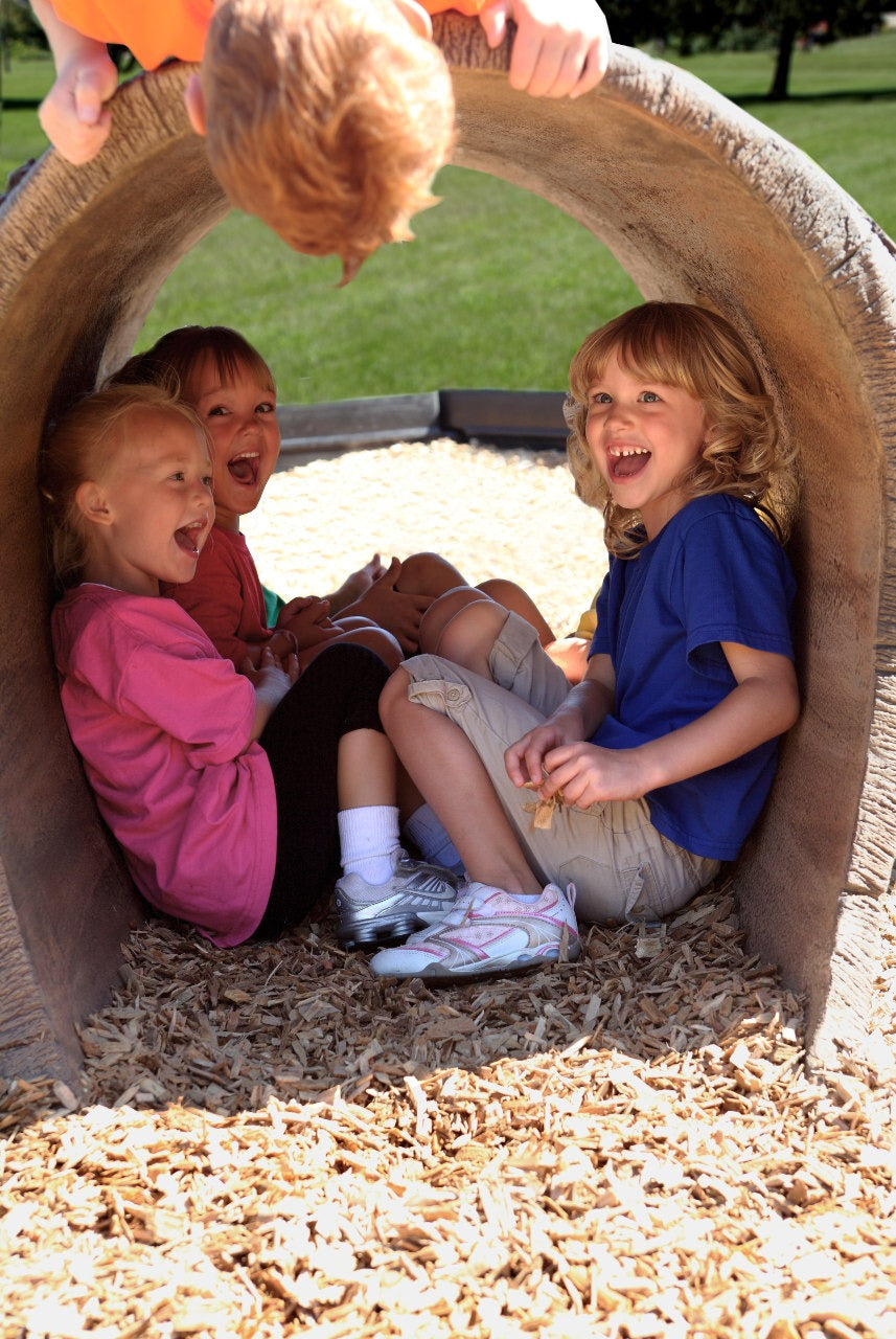 Children playing inside a realistic wood grain textured log crawl tunnel on wood chip playground surface