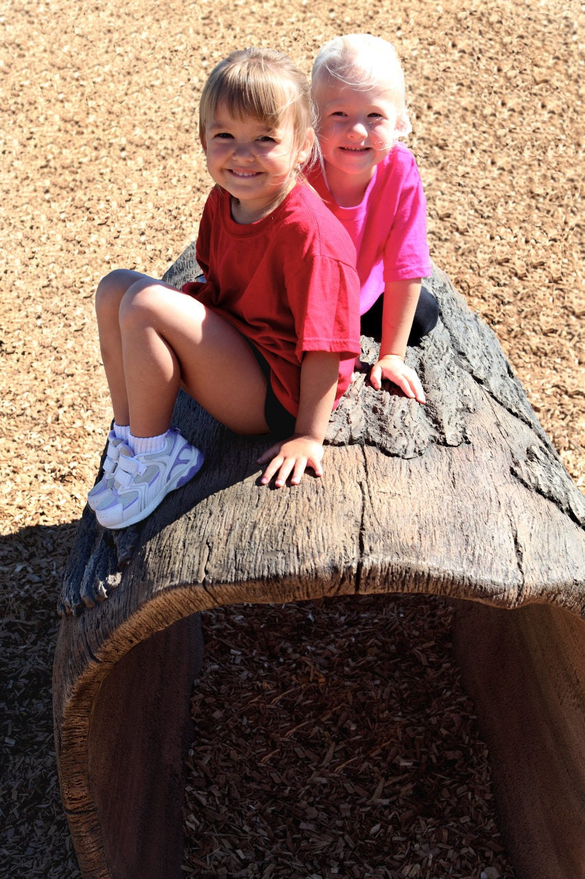 Two children sitting on a realistic wood grain playground log crawl tunnel with bark texture on wood chip ground
