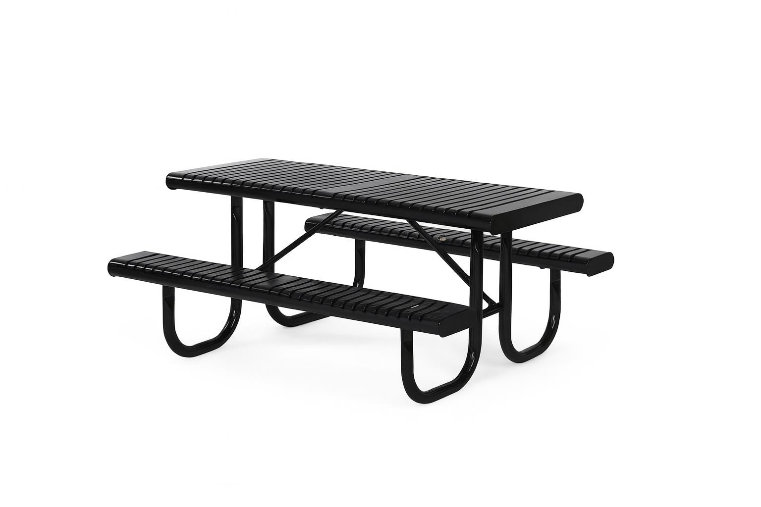 Oxford Table black thermoplastic picnic table with attached benches, two elderly people seated by waterfront with fishing rod and tote bag
