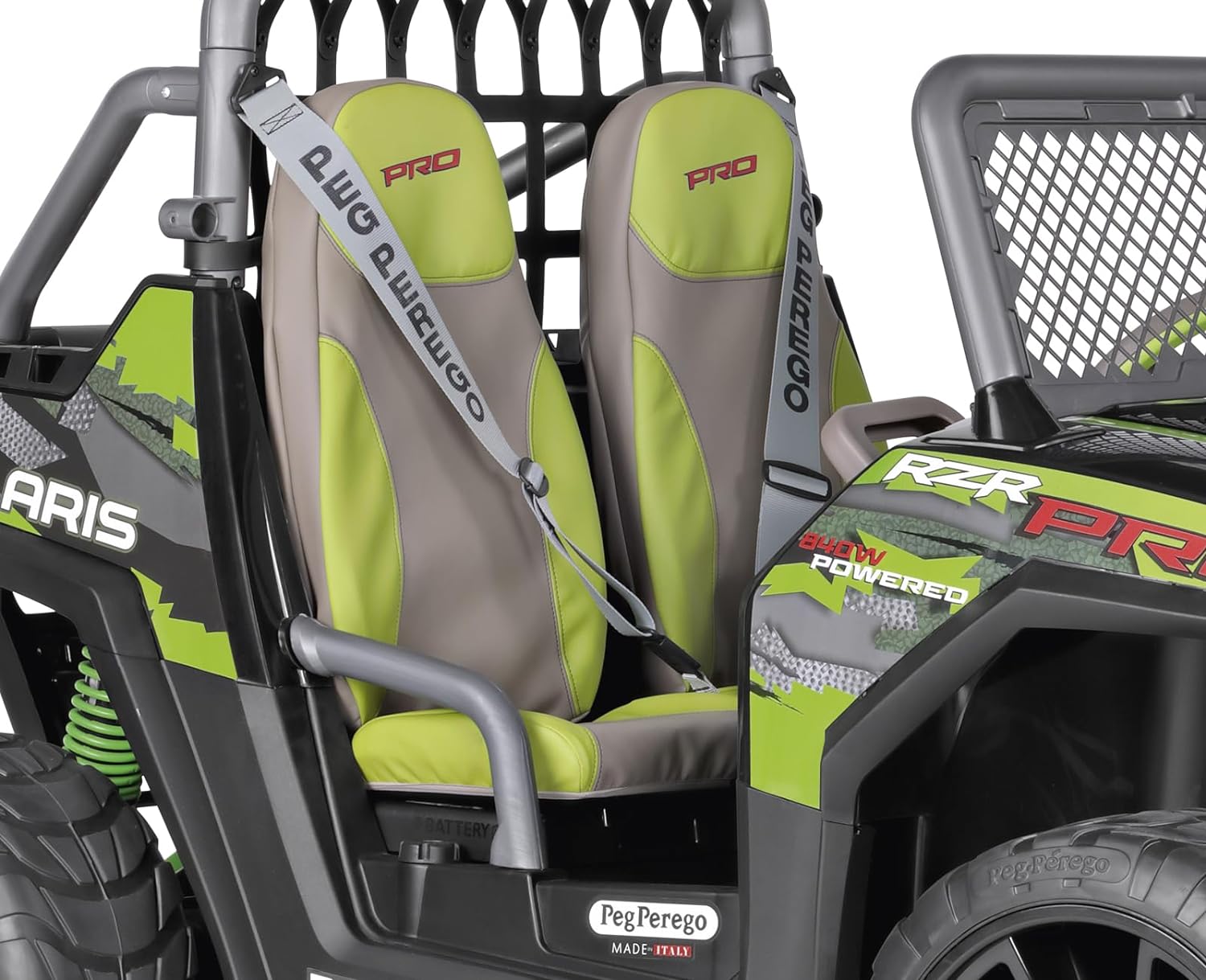 Two-seater green and gray off-road ride-on vehicle with safety belts, rugged tires, and electronic dashboard features