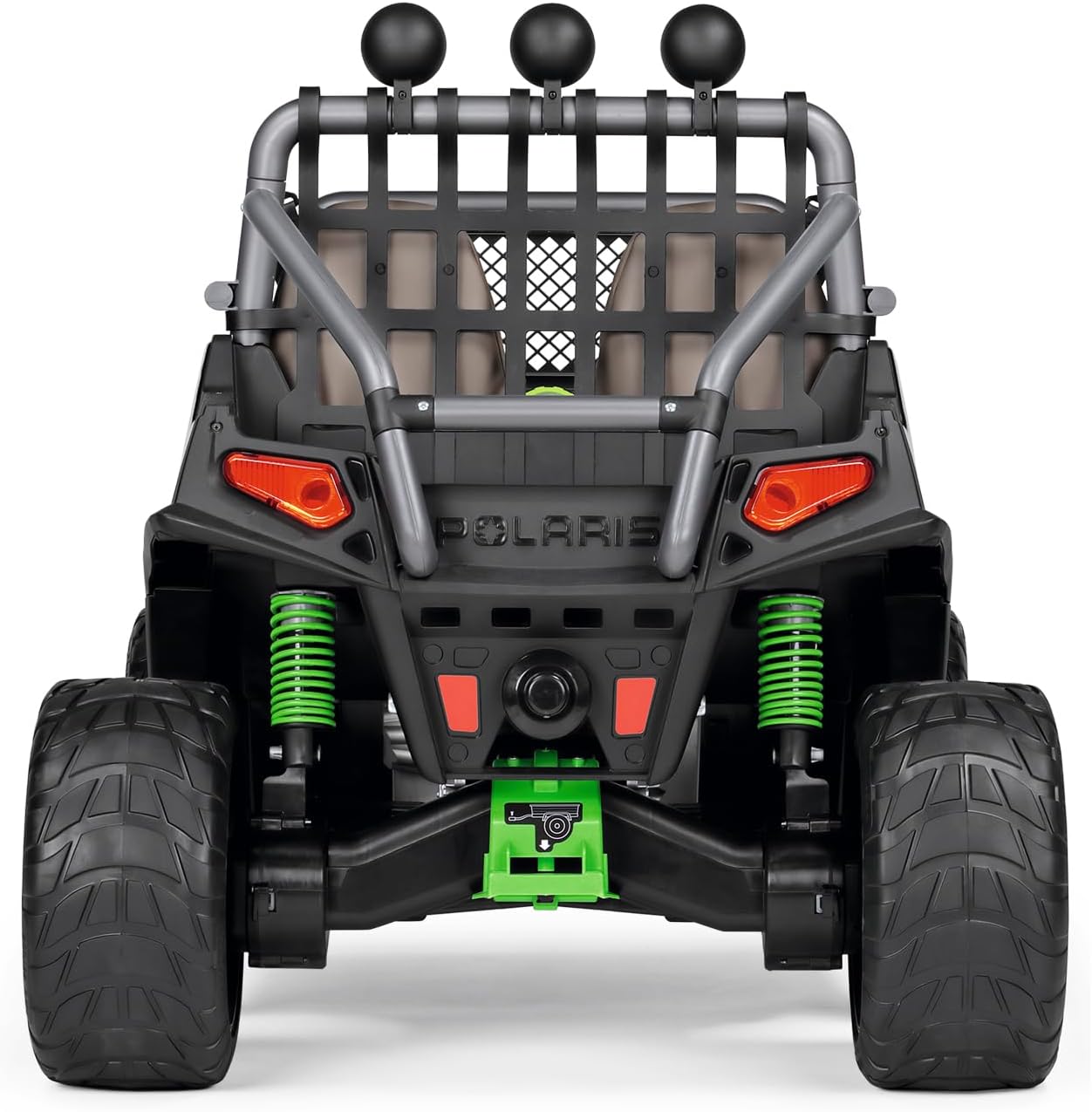 Black and green two-seater off-road ride-on vehicle with large tires, safety netting, and rugged design features