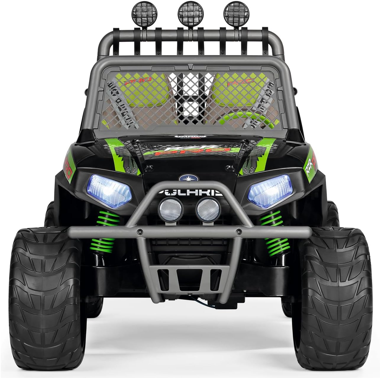 Green and black two-seater off-road ride-on vehicle with LED headlights, protective mesh windshield, and rugged design