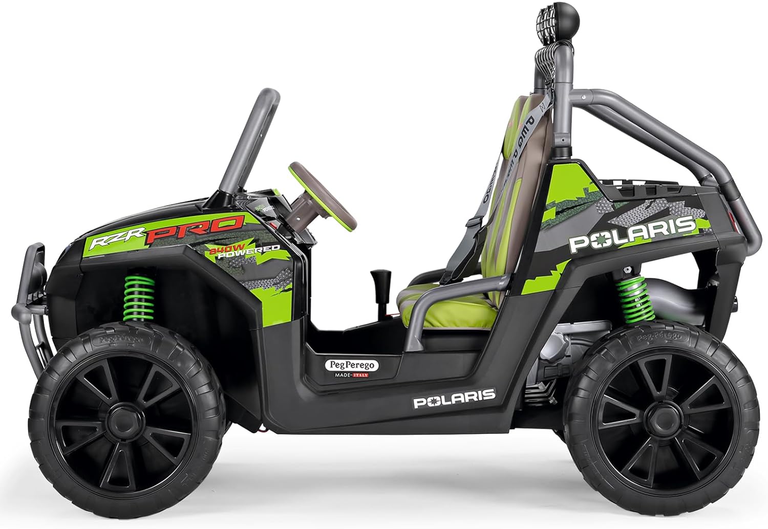 Black and green two-seater electric ride-on vehicle with large wheels, safety bars, and off-road design features