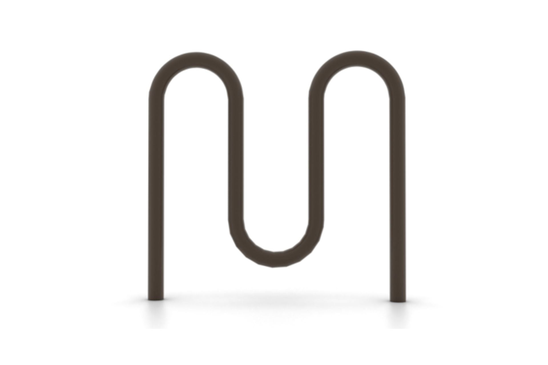 Dark brown metal bike rack with two rounded loops for secure bicycle parking in outdoor settings