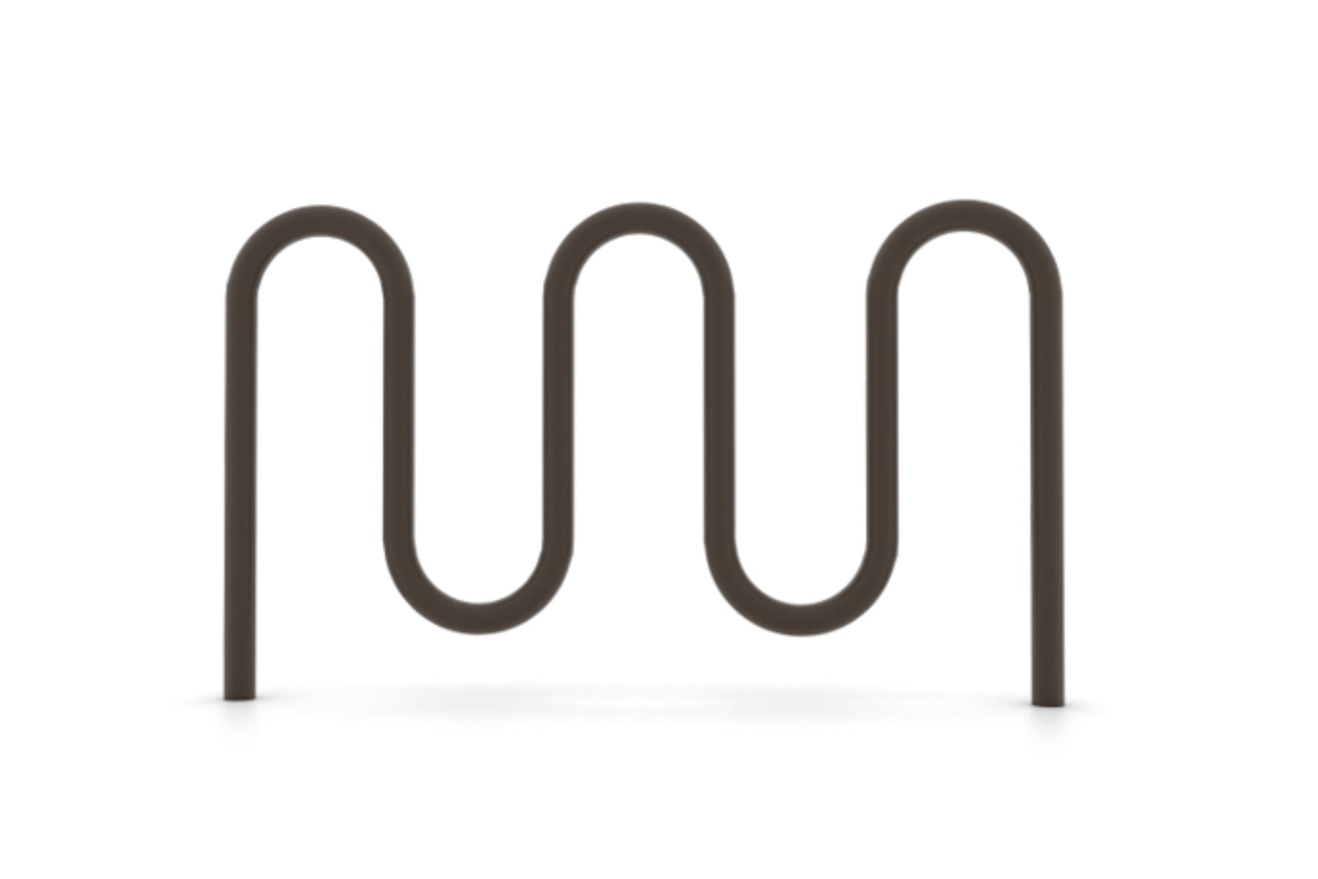 Dark brown metal bike rack with three rounded loops for secure bicycle parking and outdoor durability.