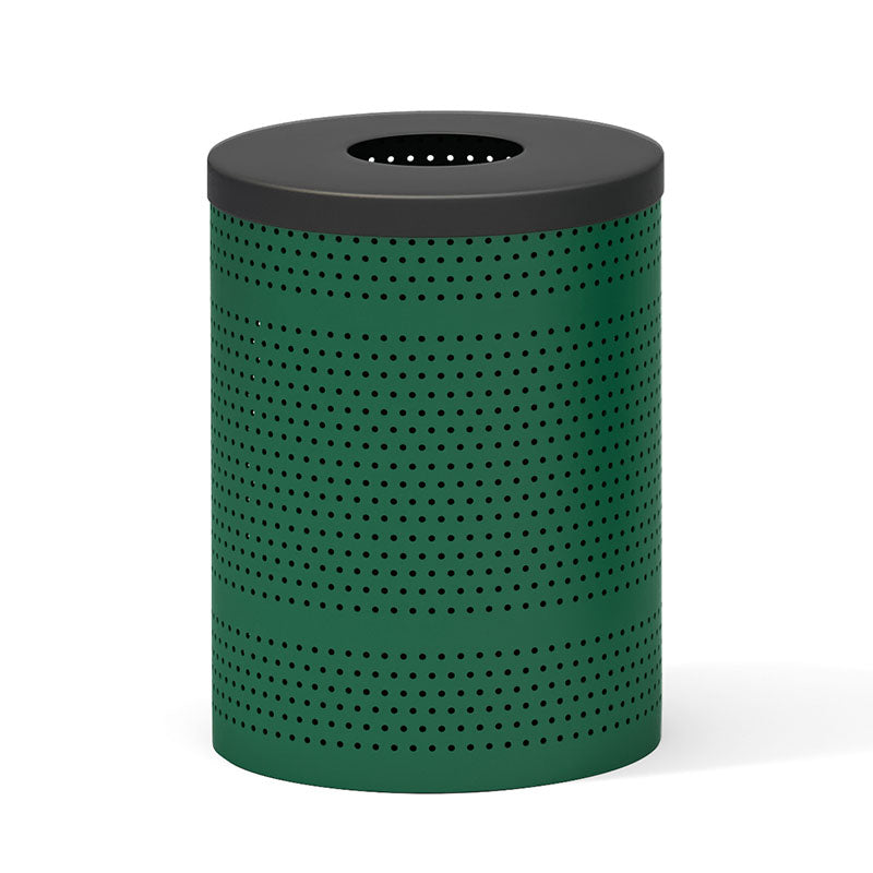Trash Receptacle with Lid featuring green perforated metal body and flat natural top lid with central opening for outdoor use