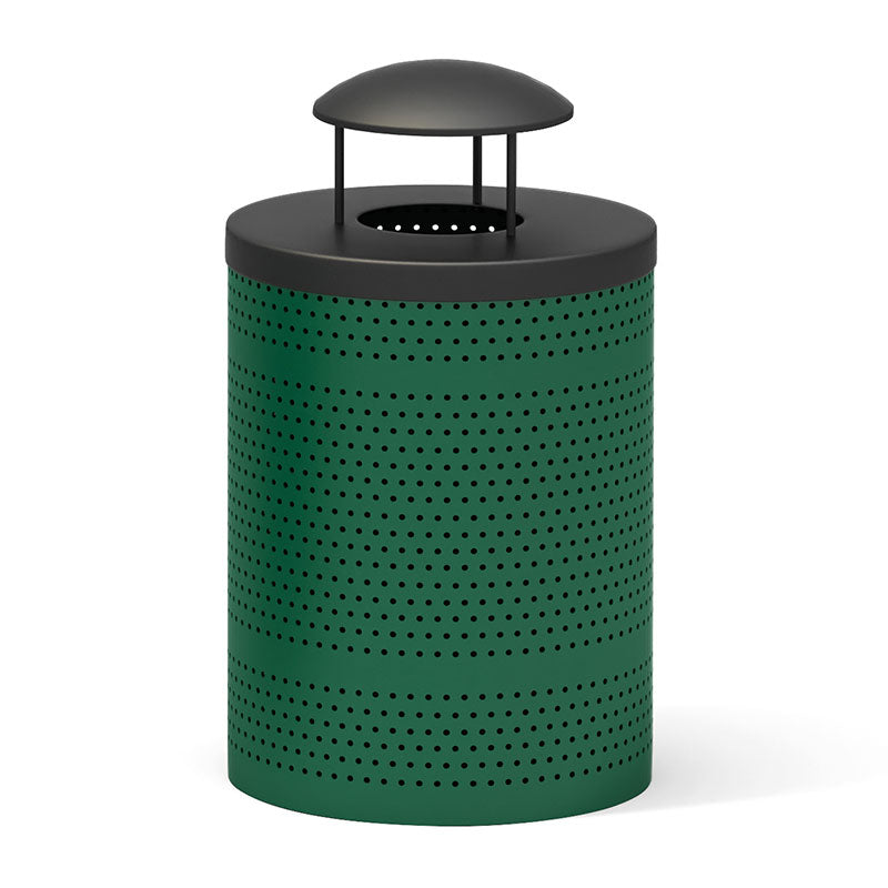 Green perforated metal outdoor trash receptacle with black rain cover lid, designed for parks and playgrounds