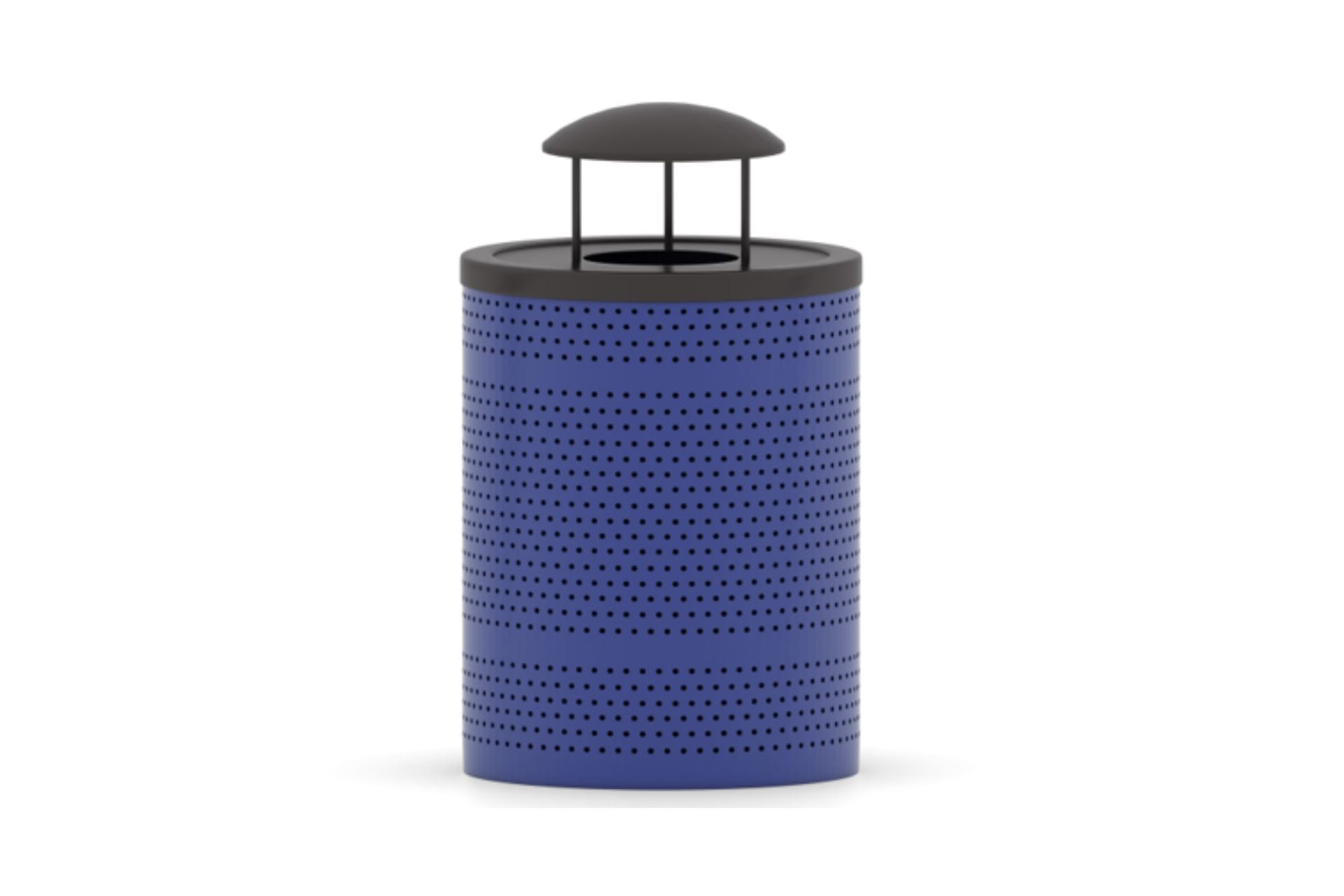 Blue perforated metal outdoor trash receptacle with black rain cover lid, designed for parks and playgrounds.